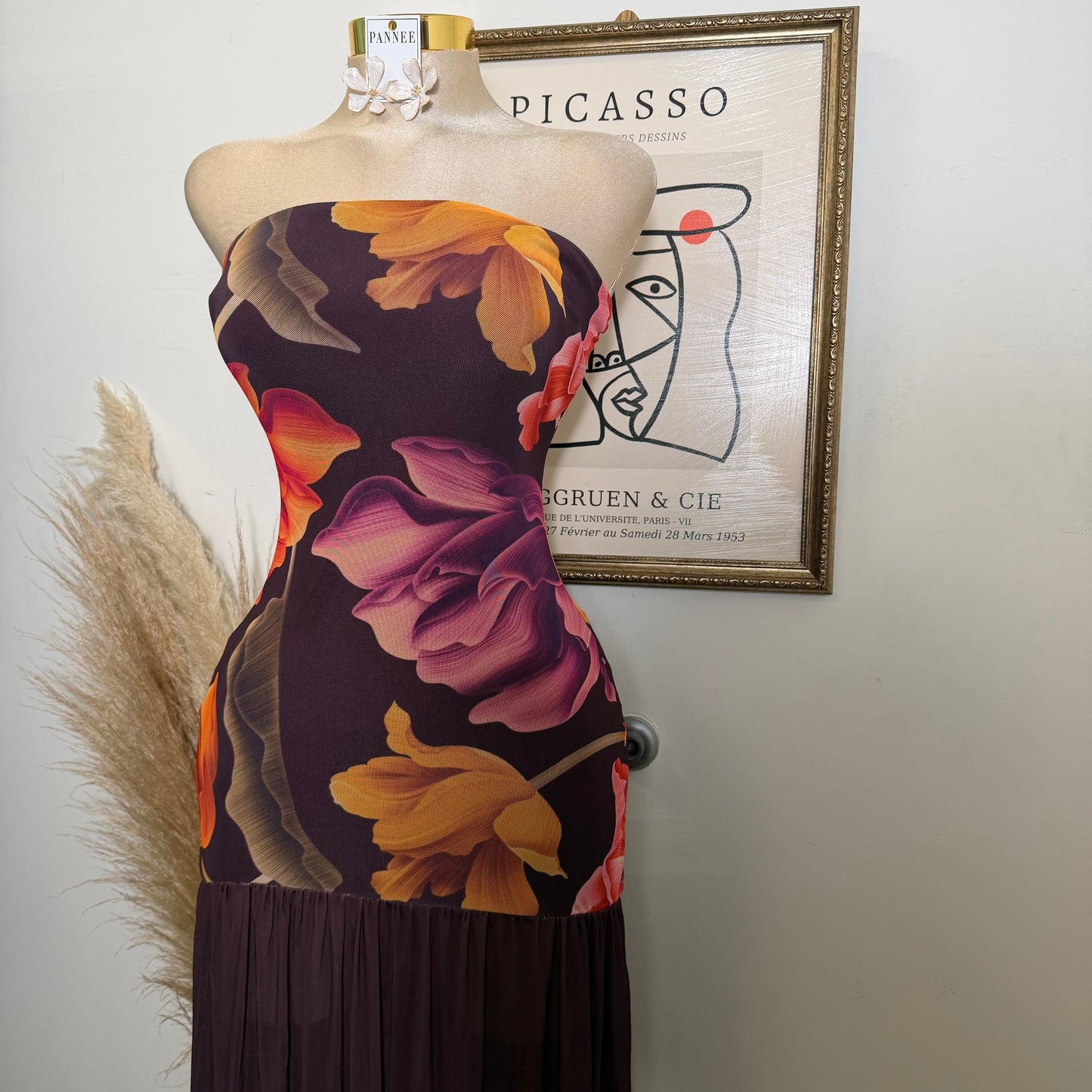 Floral Mesh Bottom fit and Flare Maxi Dress-Raisin