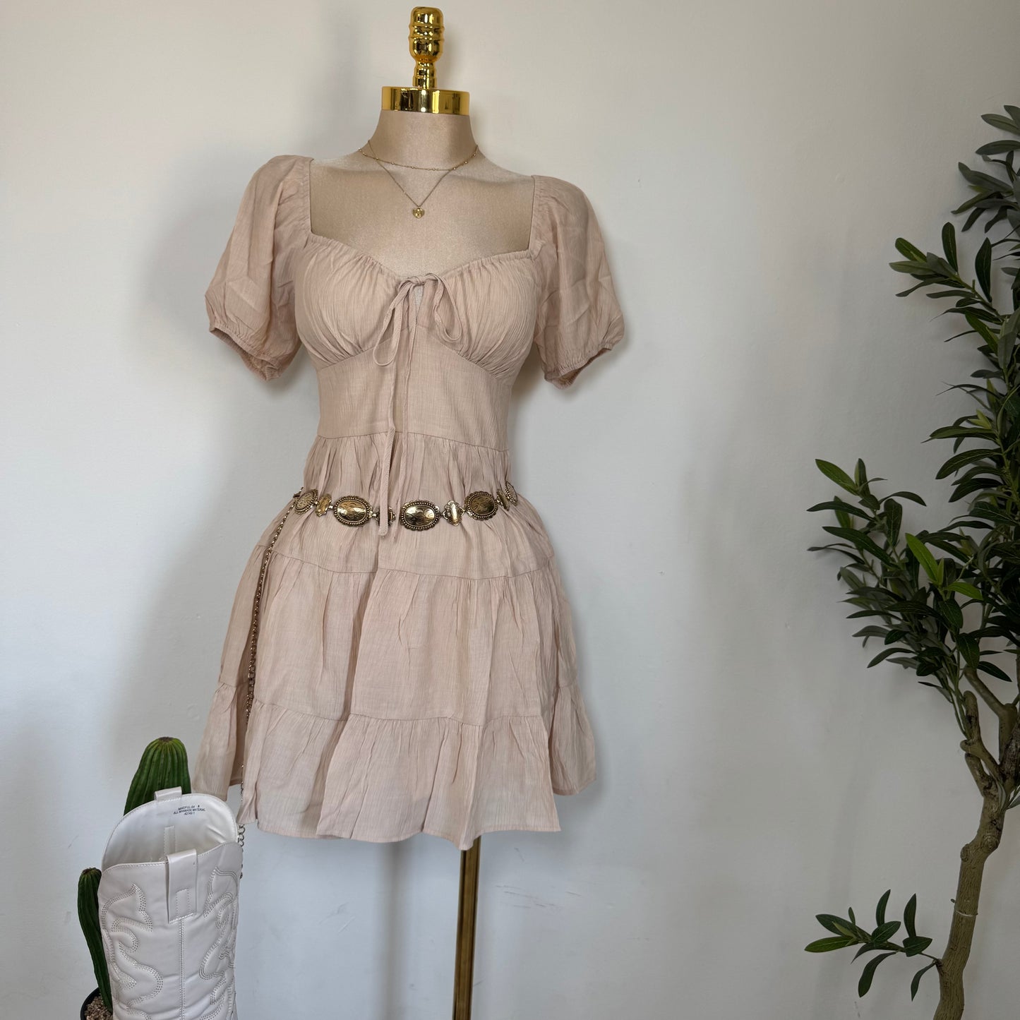 Puff Sleeve Tiered Mini Dress-Cream