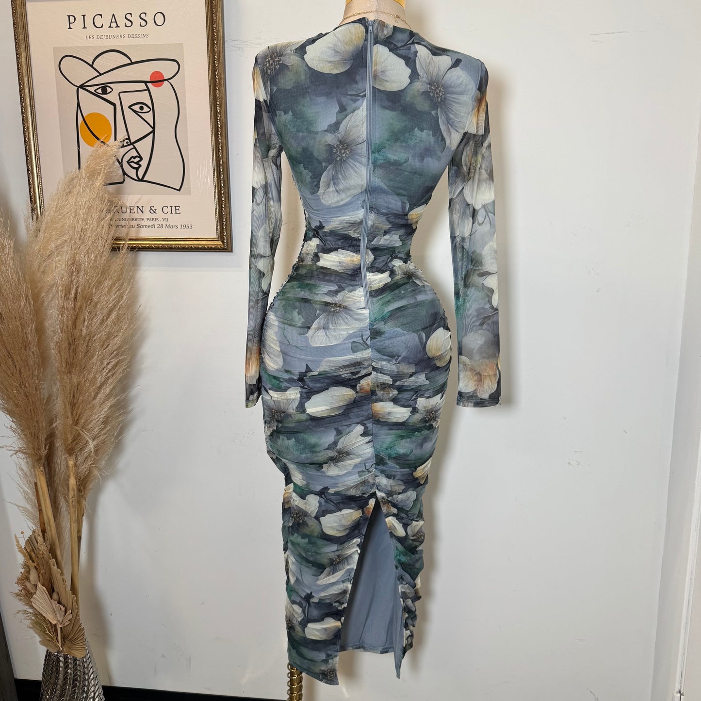 Long Sleeve Mesh Dress-Blue