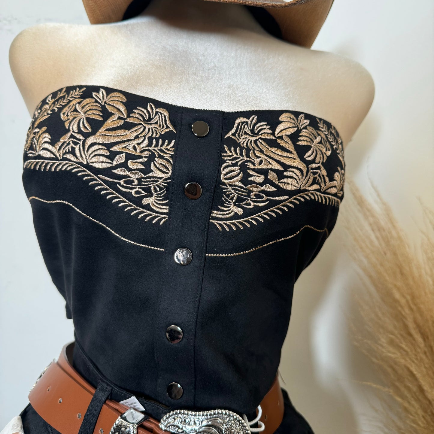 Suede Embroidered Crop Top-Black/Camel