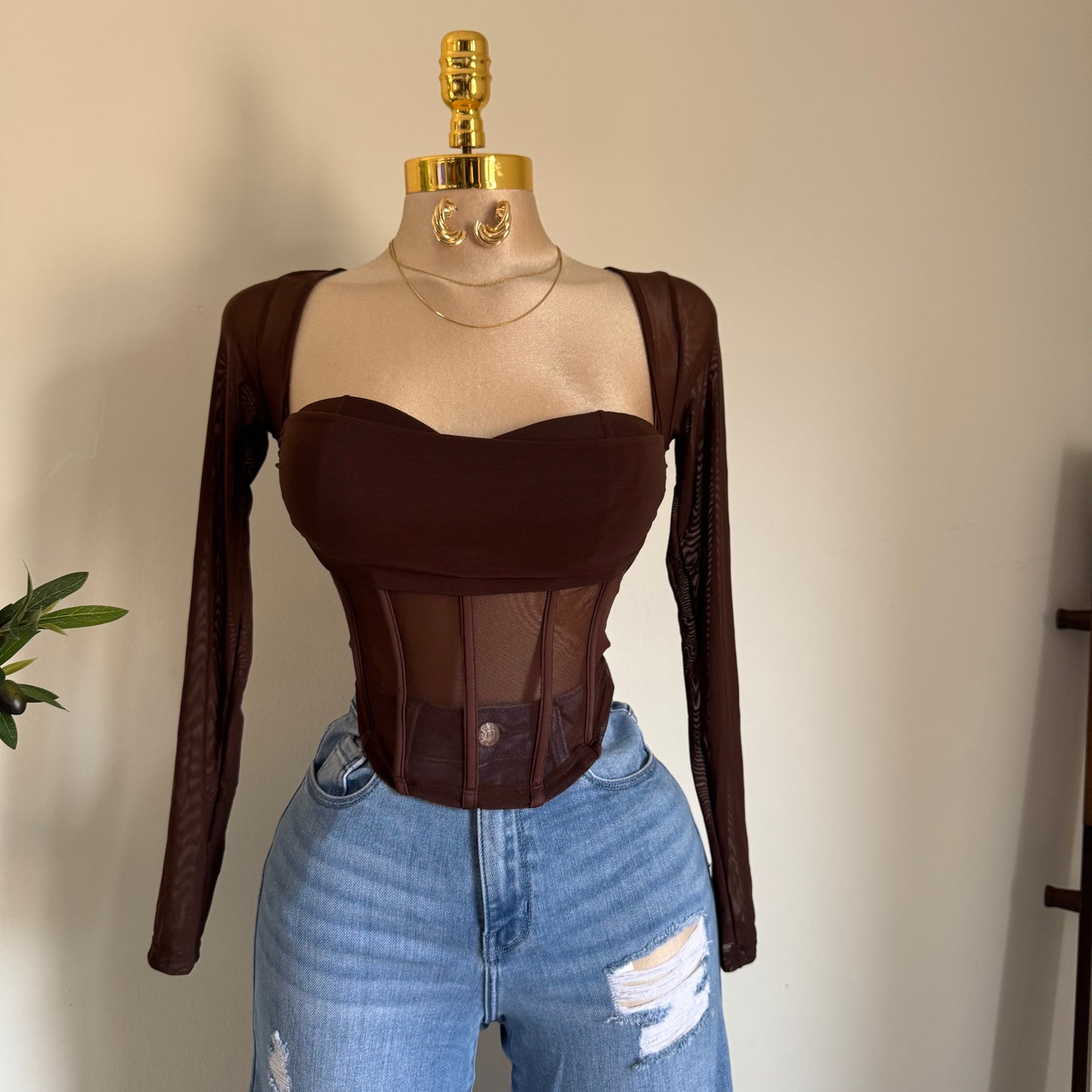 Mesh Long Sleeve Top-Chocolate