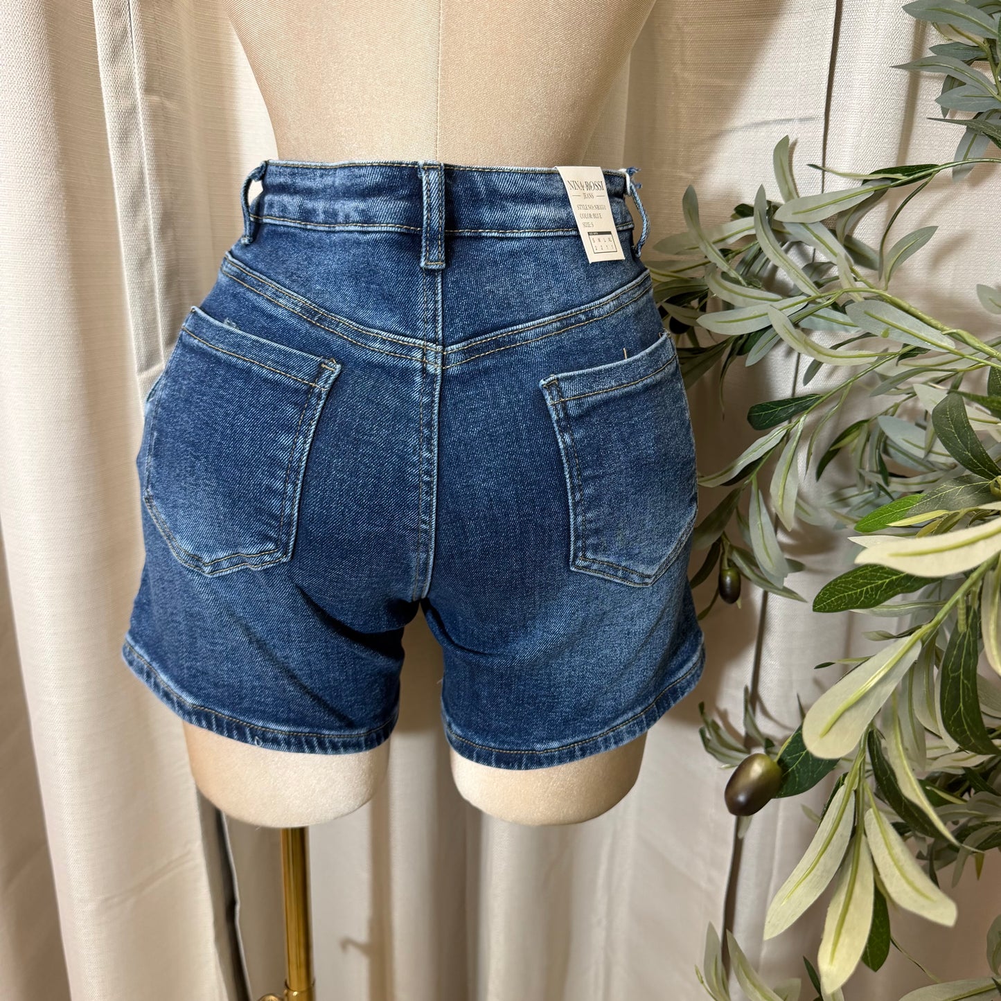 High Waisted Shorts Gold Button-Medium Wash