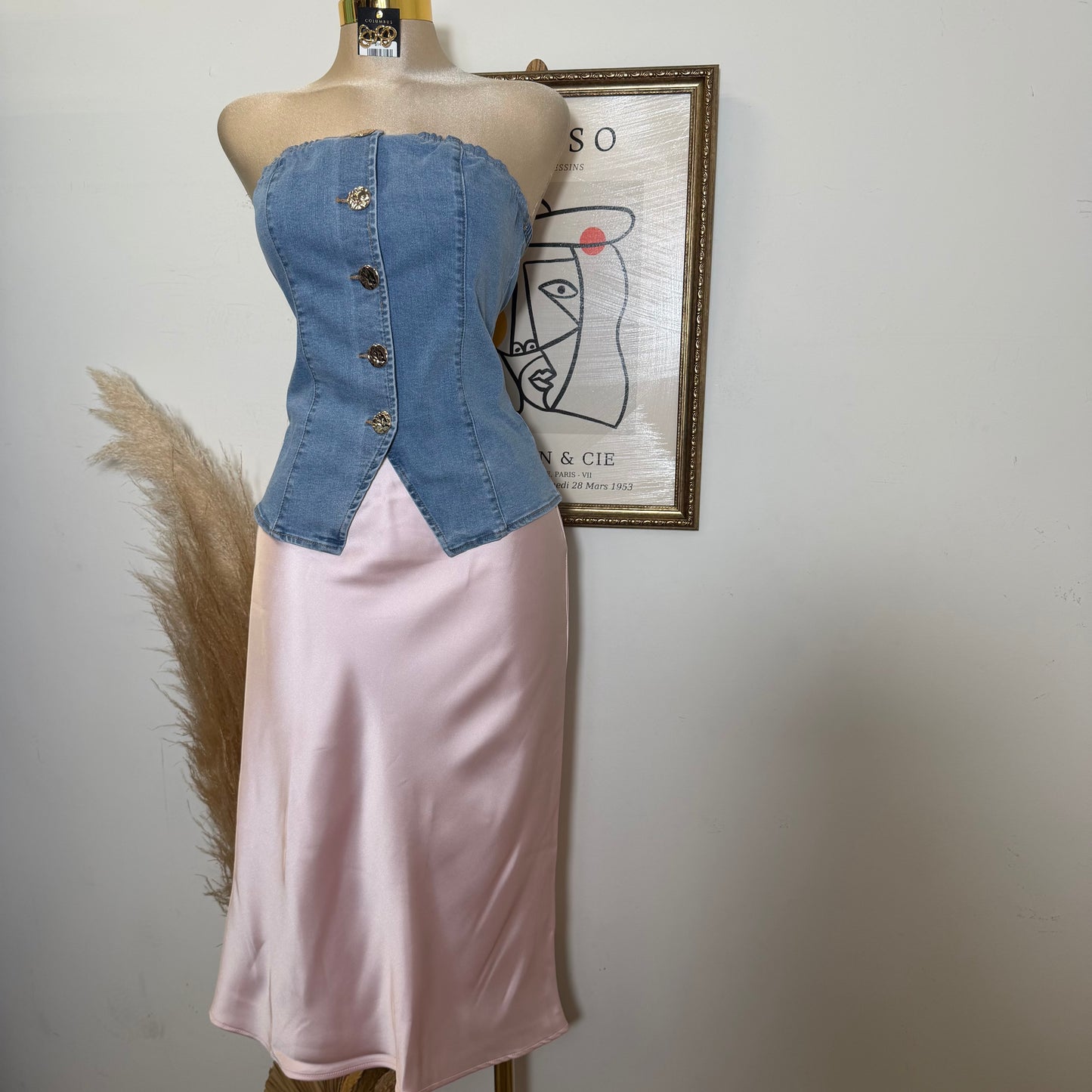Denim Tube Gold Button Top-LT Blue