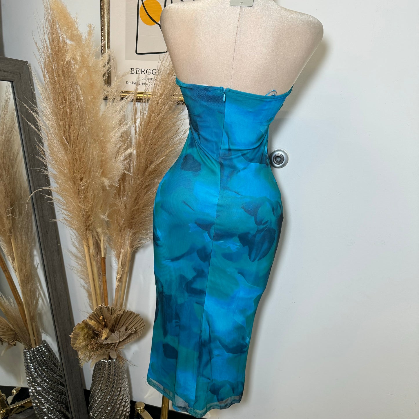 Mesh Print Tube Midi Dress-Blue