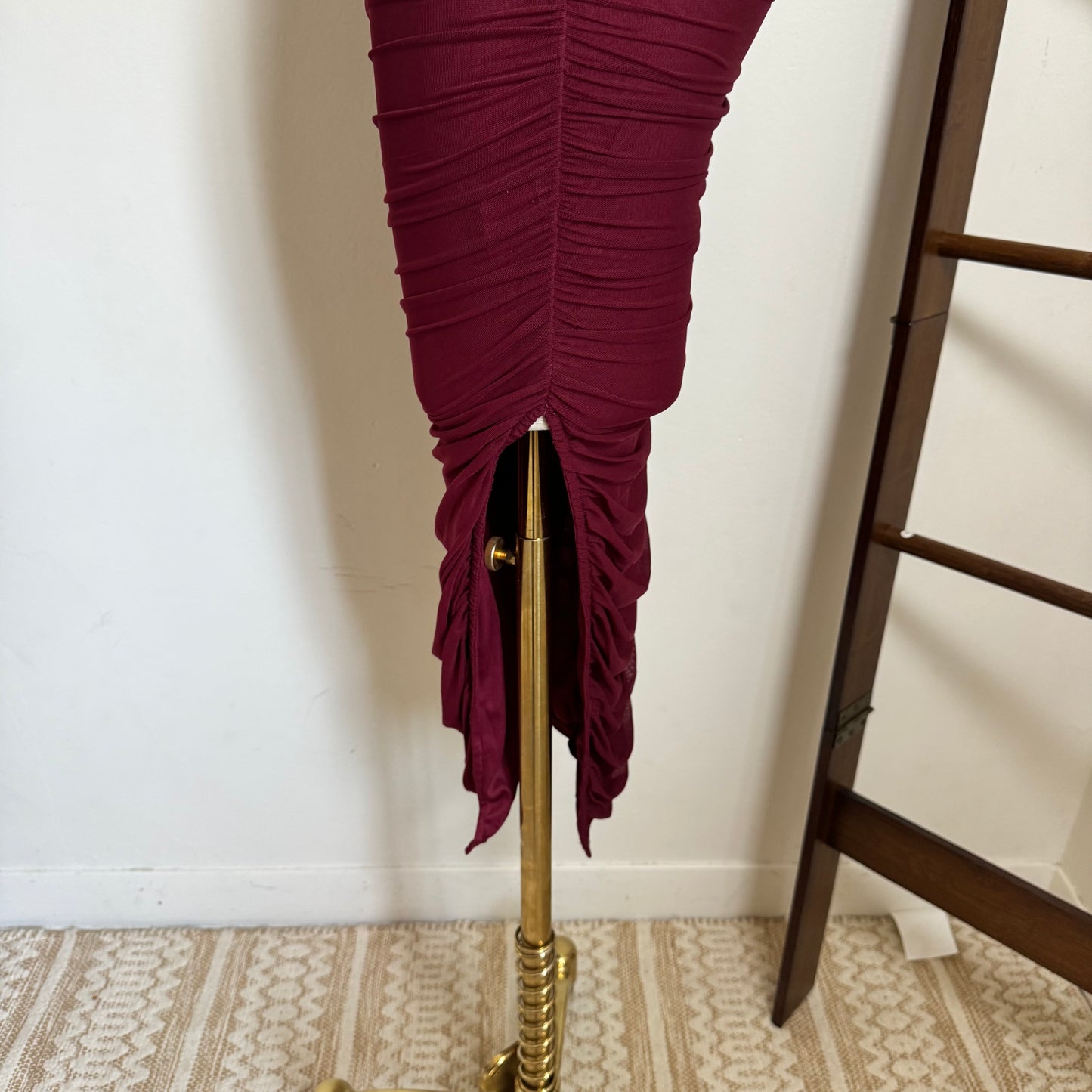 Inara Mesh Twist Halter Neck Midi Dress-Burgundy