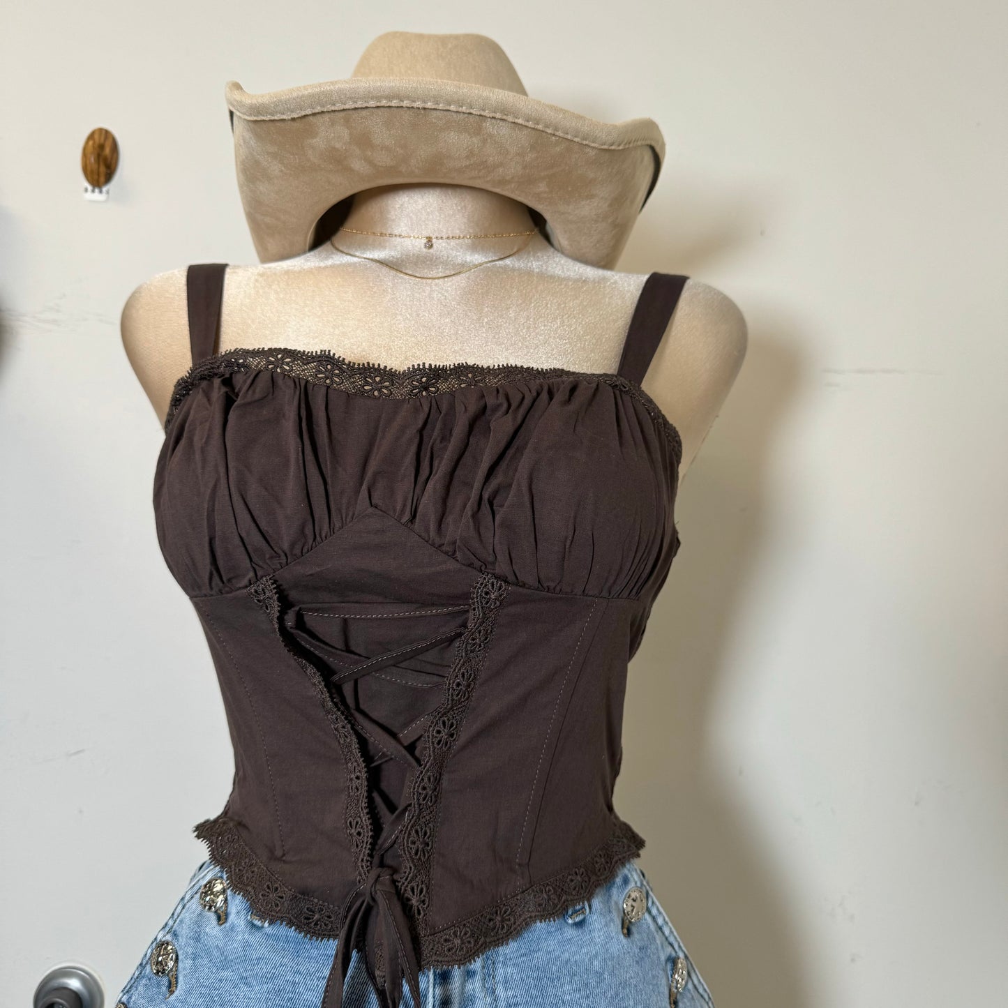 Bust Shirring with lace Detail Back smoked Top-Brown