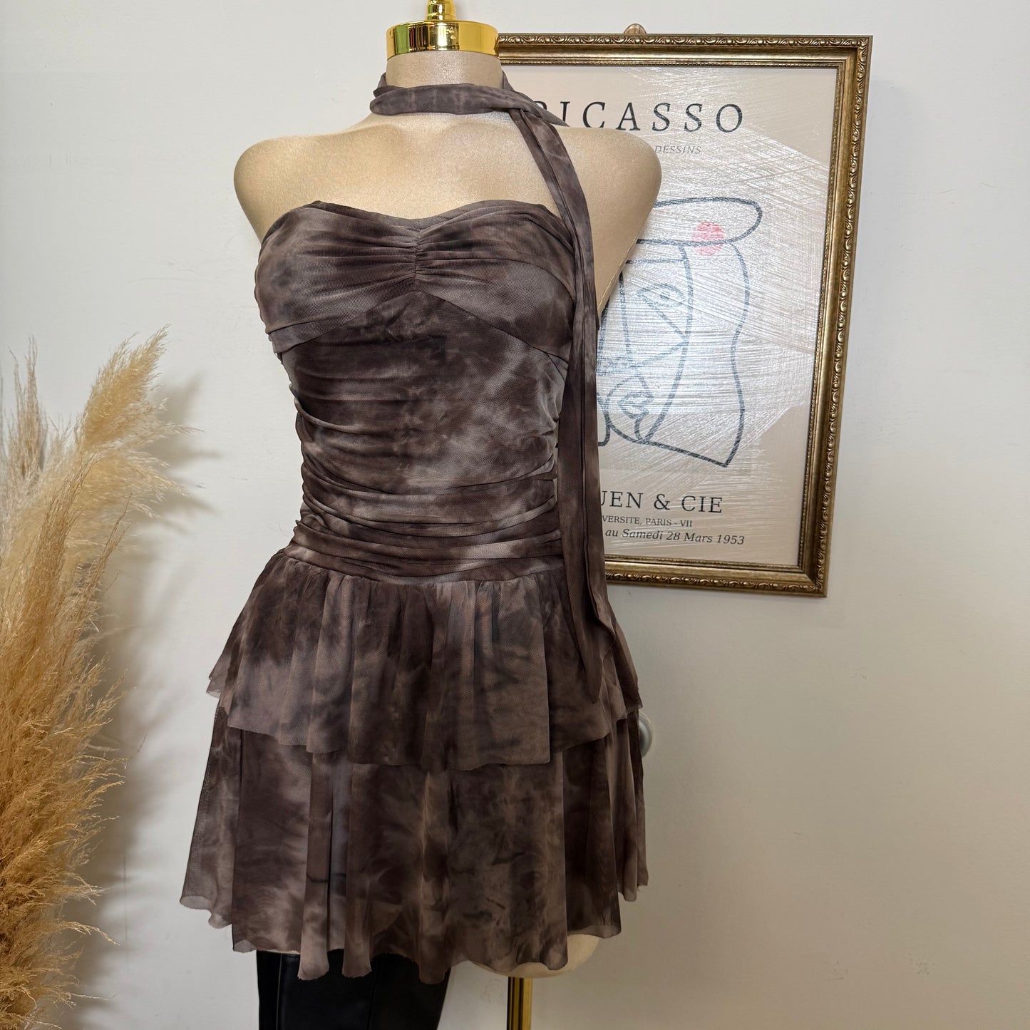 Printed Mesh Tube Dress With Scarf-Brown