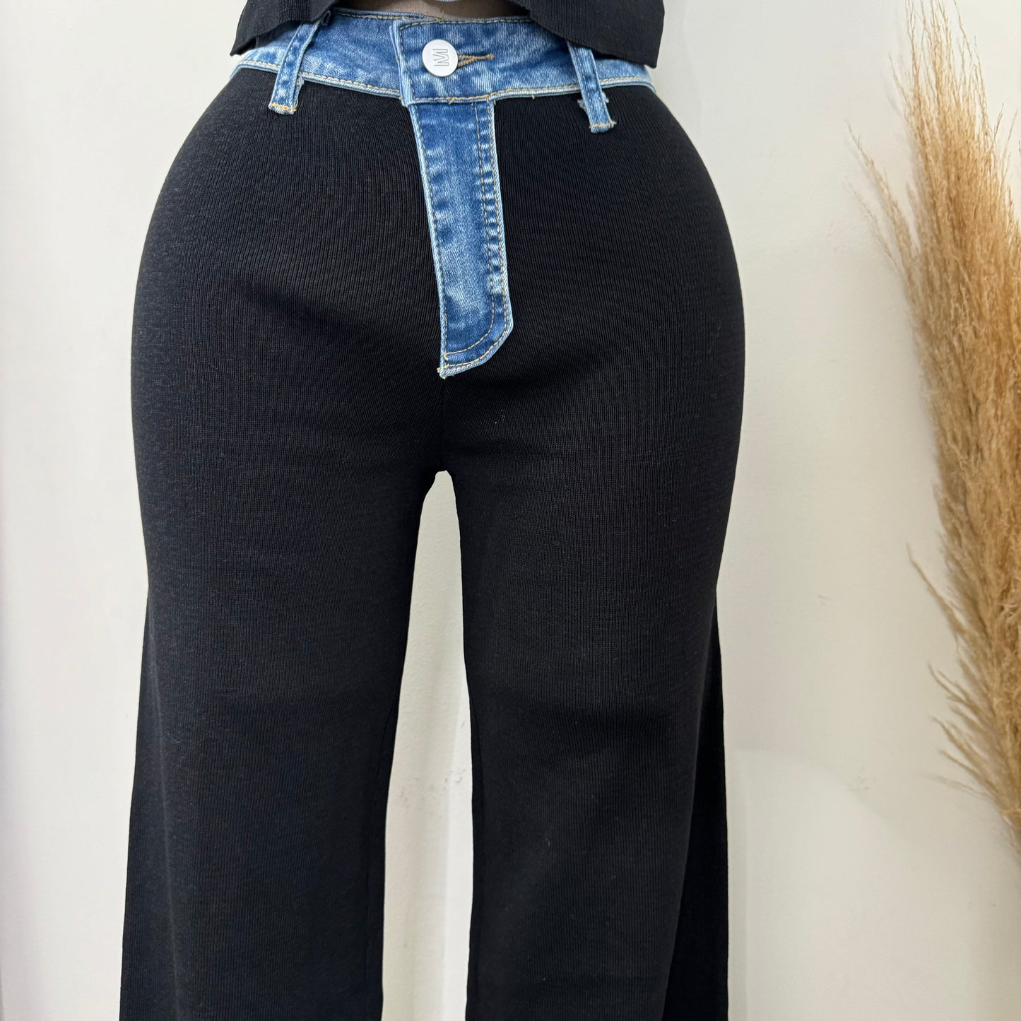 Street Chic Contrast Ribbed Denim Pant Set-black