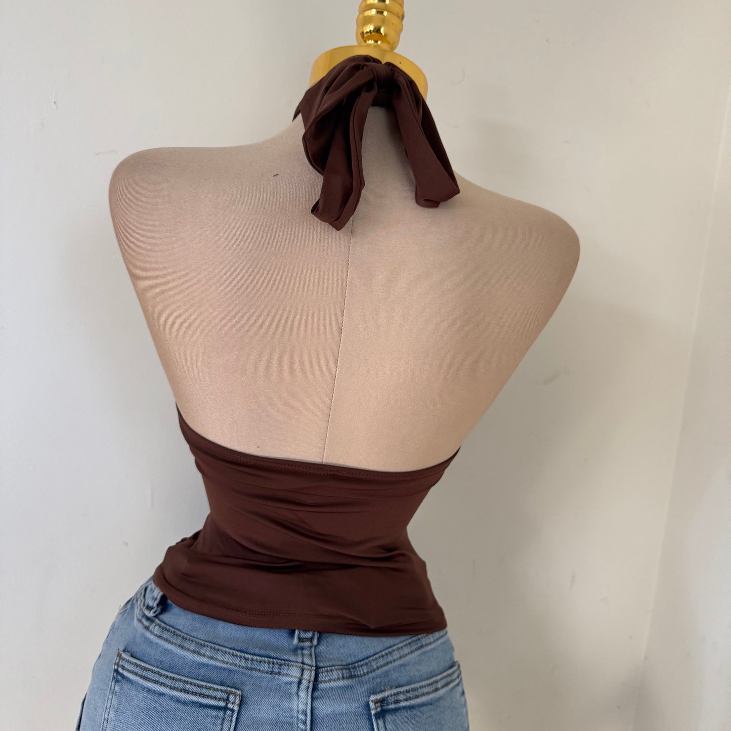 Halter Top w/ Trim Butter Jersey Fabric Gold Detail -Brown