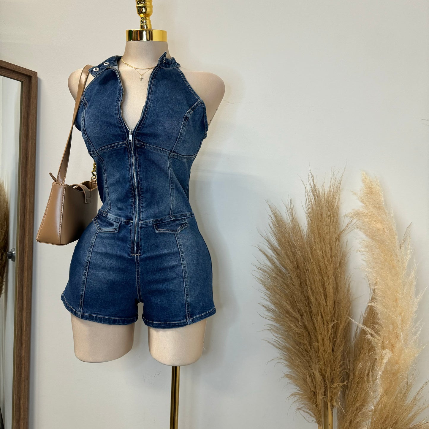 Denim Halter Romper-Dk Blue