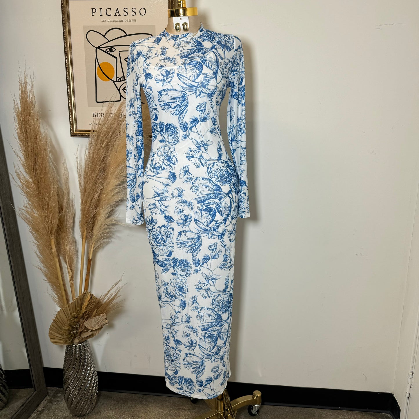 Rose Midi Mesh dress-Blue/White
