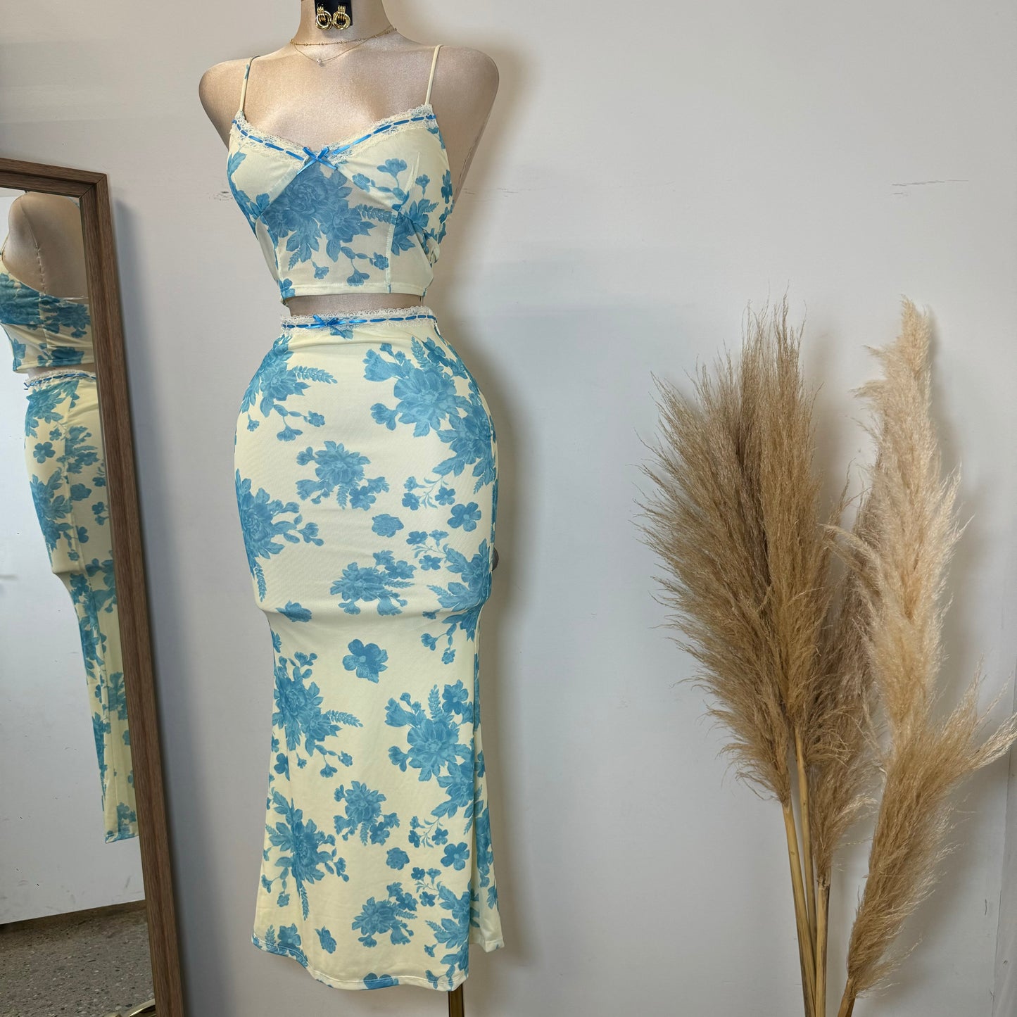 Mesh Two Piece Skirt Set-Blue