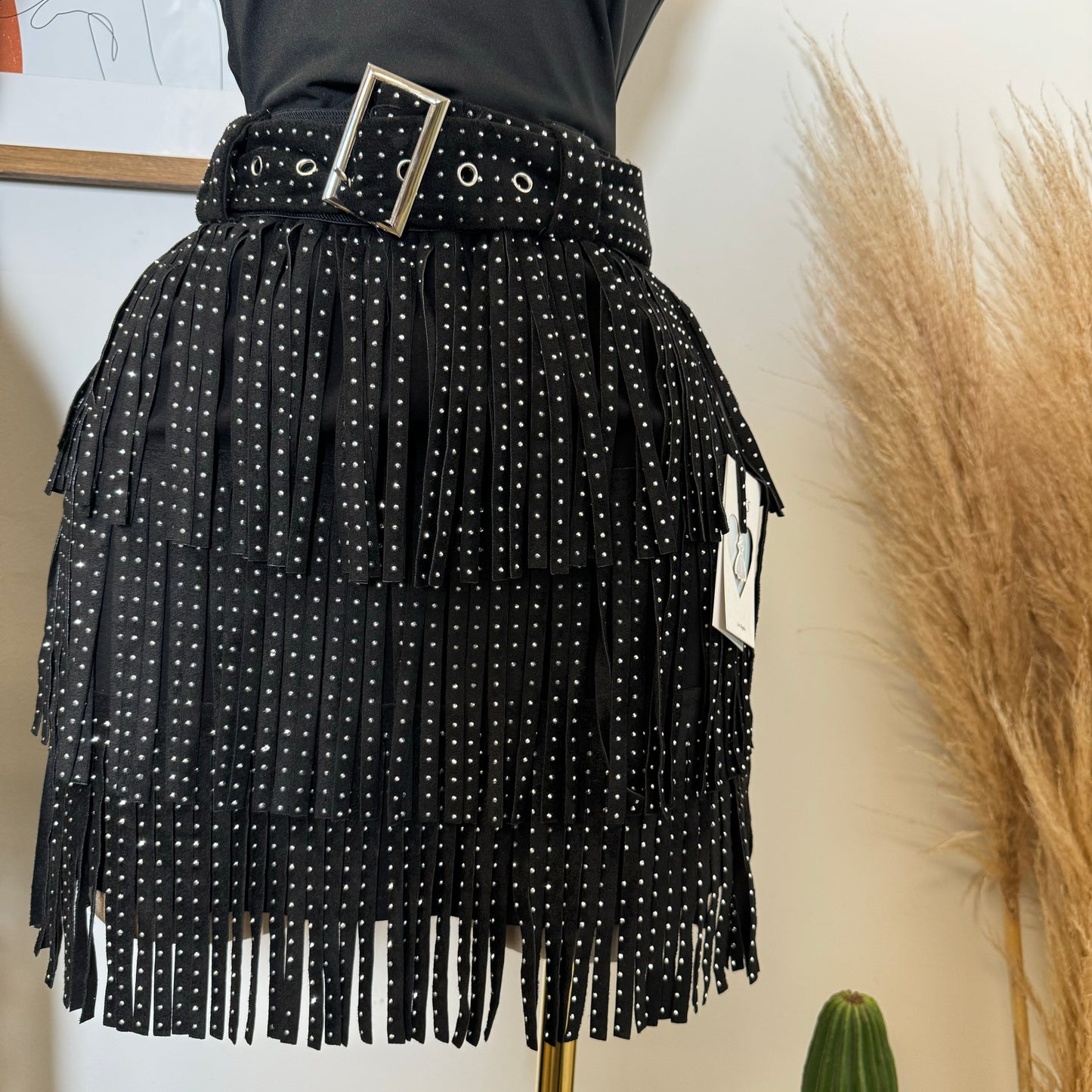 Fringe Skirt With Belt-Black