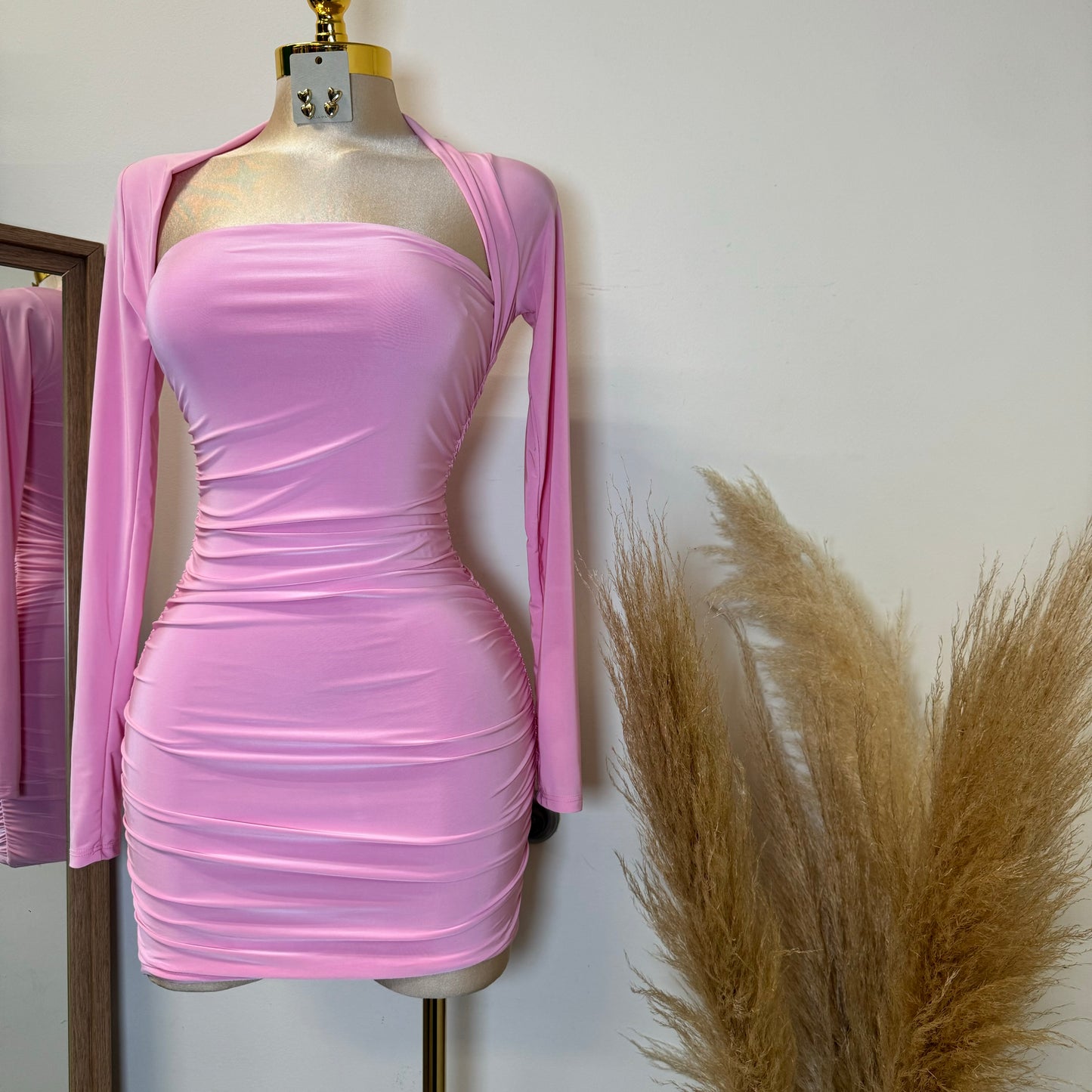 Barbie Long Sleeve Squareneck Dress-Baby Pink