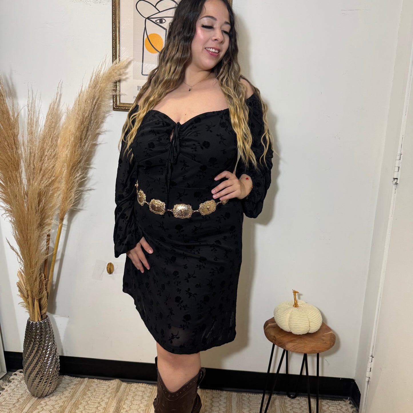 Flocked Mesh Long Sleeve Dress-Black