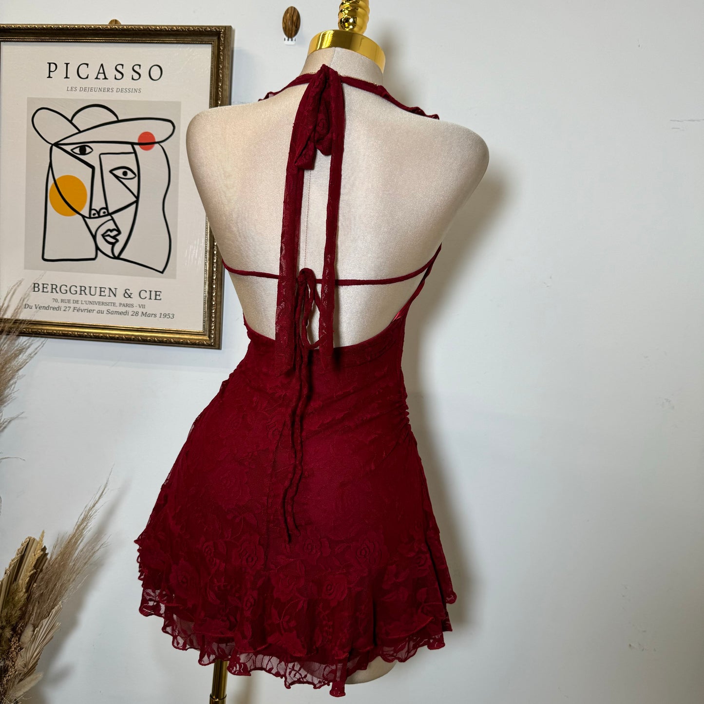 Amy Lace Halter Dress-Burgundy