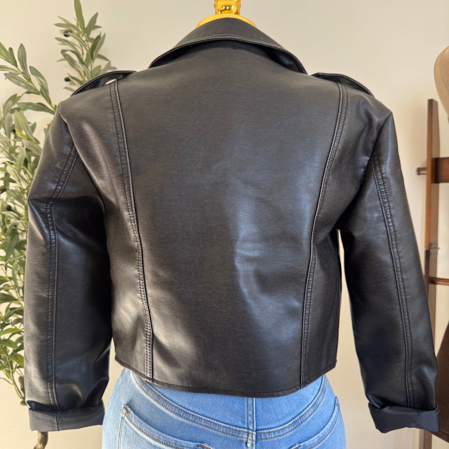 Vintage Wash Faux Leather Motor Jacket-Black