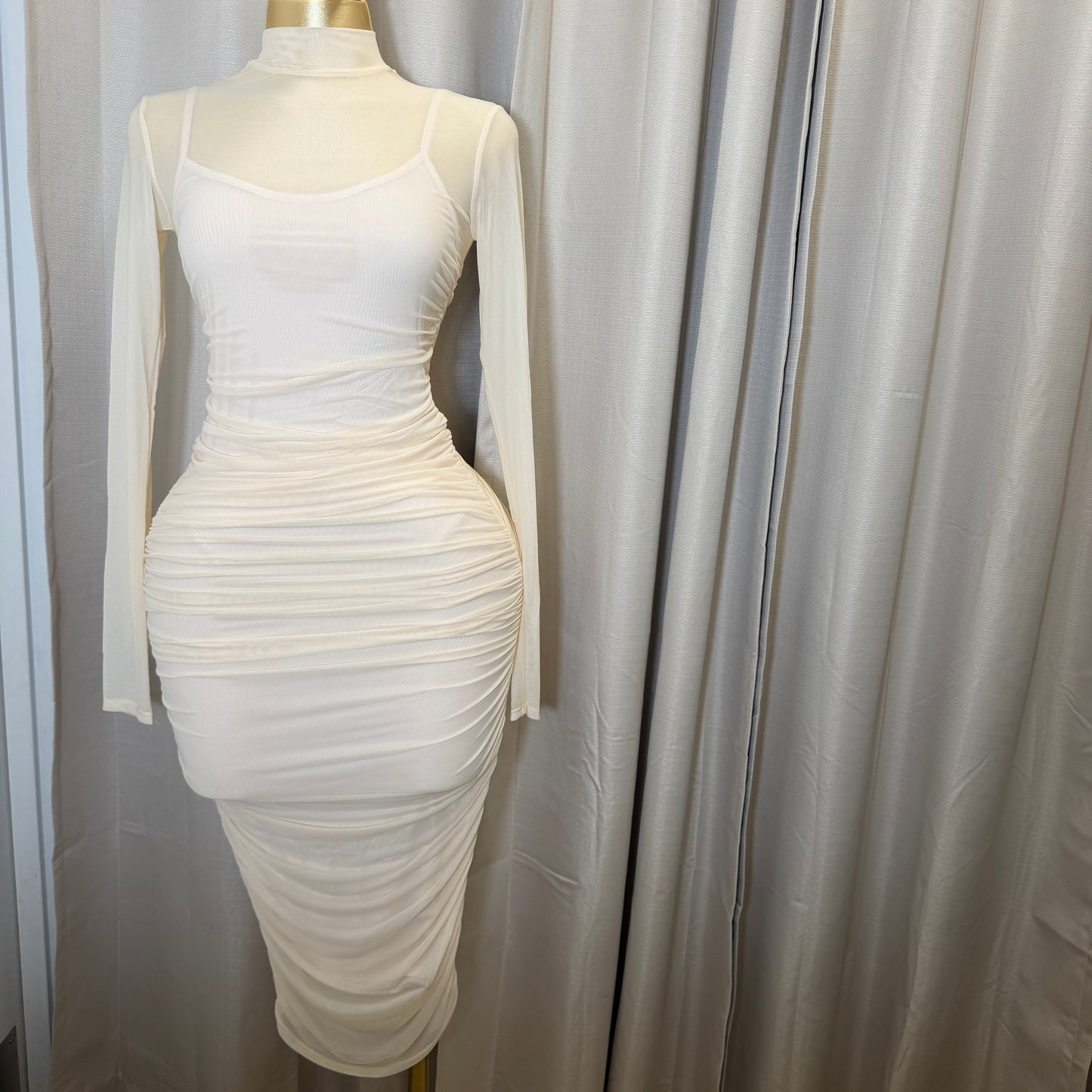 Solid Mesh Mock Neck Midi Long Sleeve Dress-Cream