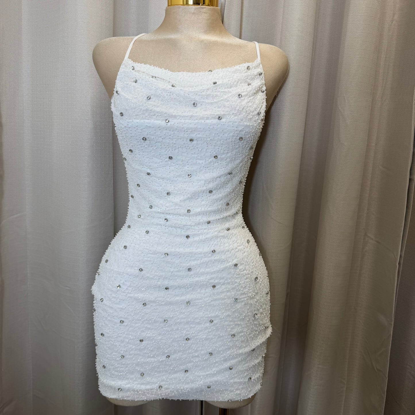 Power Mesh w/ Rhinestone Mini Dress-White