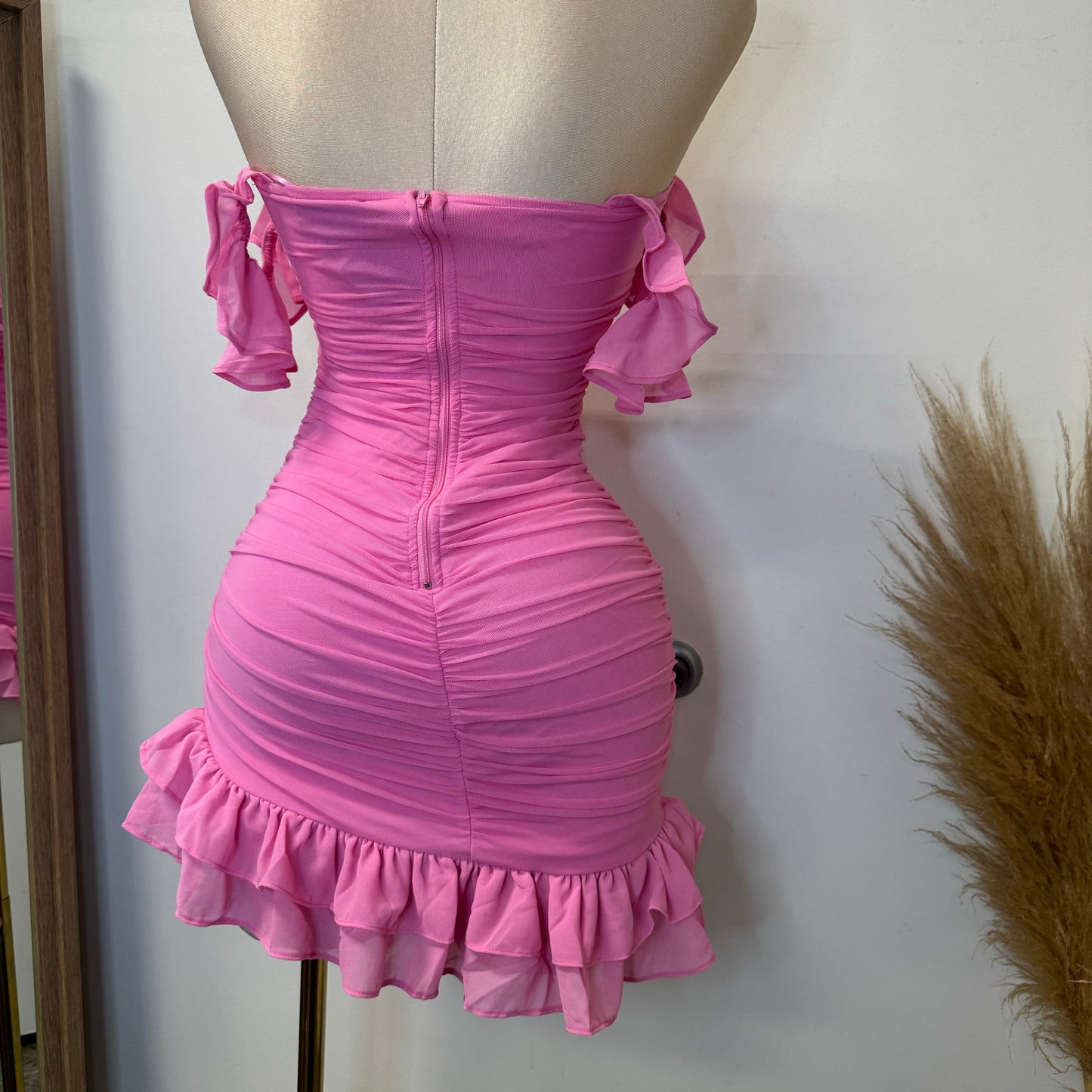 Annalise  Off Shoulder Mesh Asymmetrical Ruffle Hem Dress-Pink