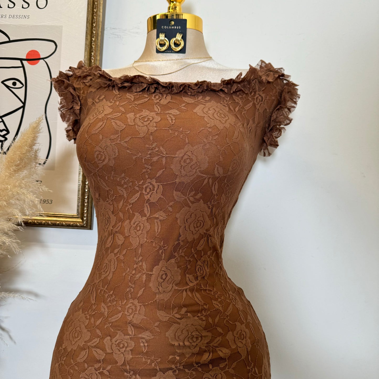 Off Shoulder Short Sleeve Lace Dress-Brown