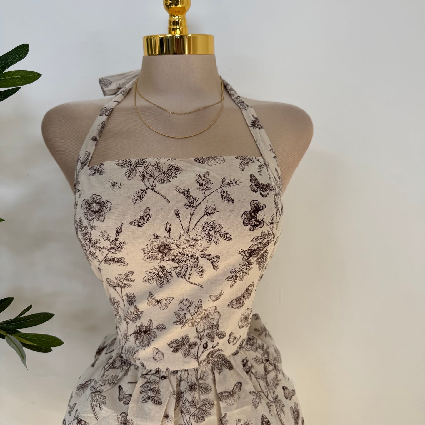 Halter Ballon Dress-Cream/Brown
