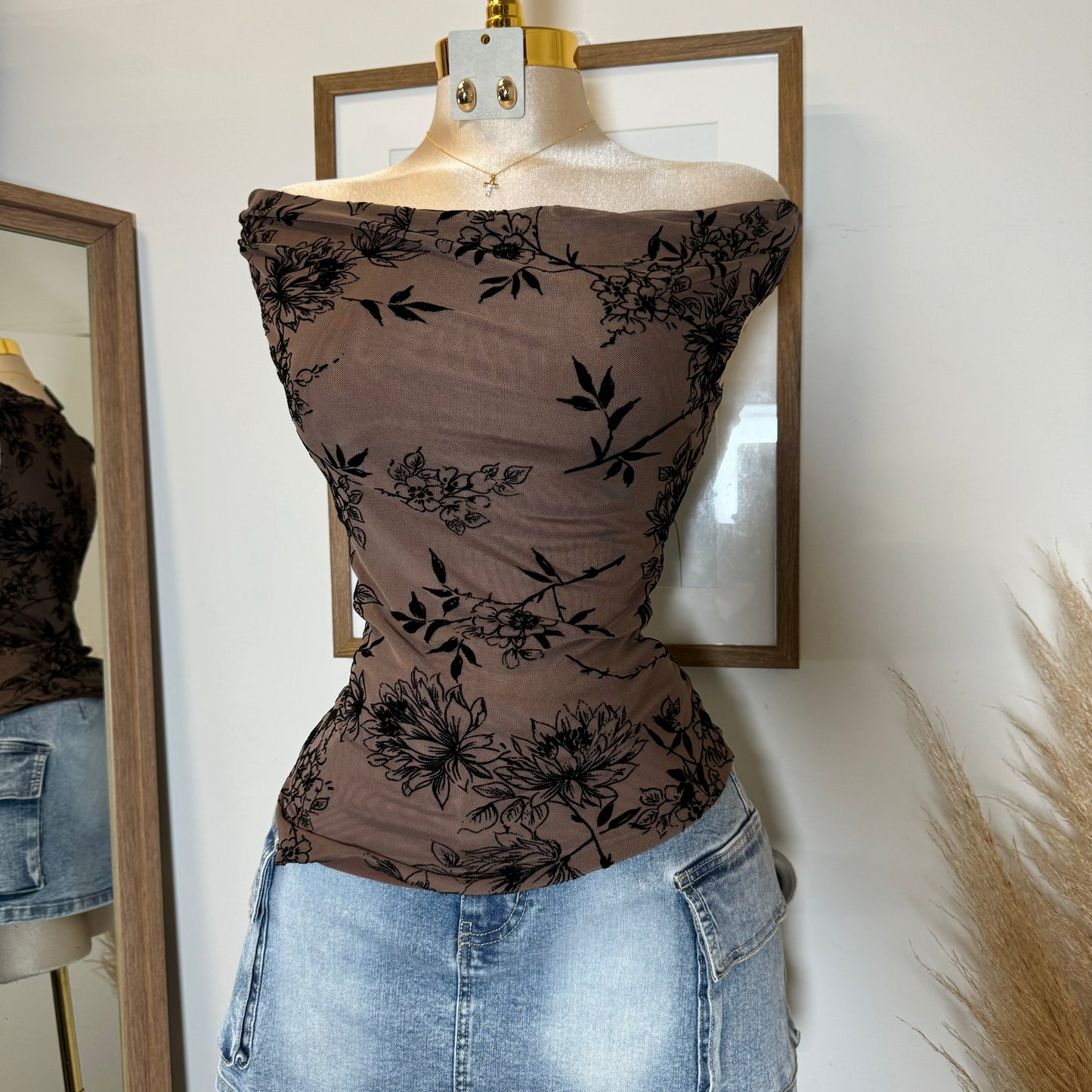 Elina Flocked Mesh Off Shoulder Top-Mocha