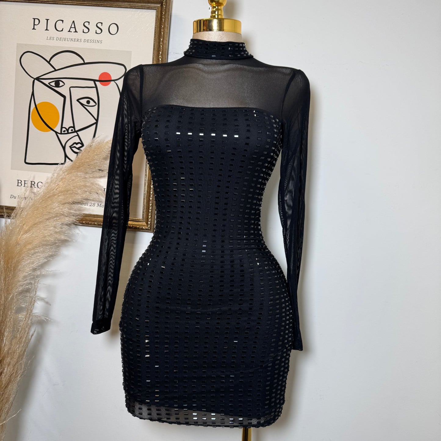 Ivette Rectangle Rhinestone Mini Dress-Black
