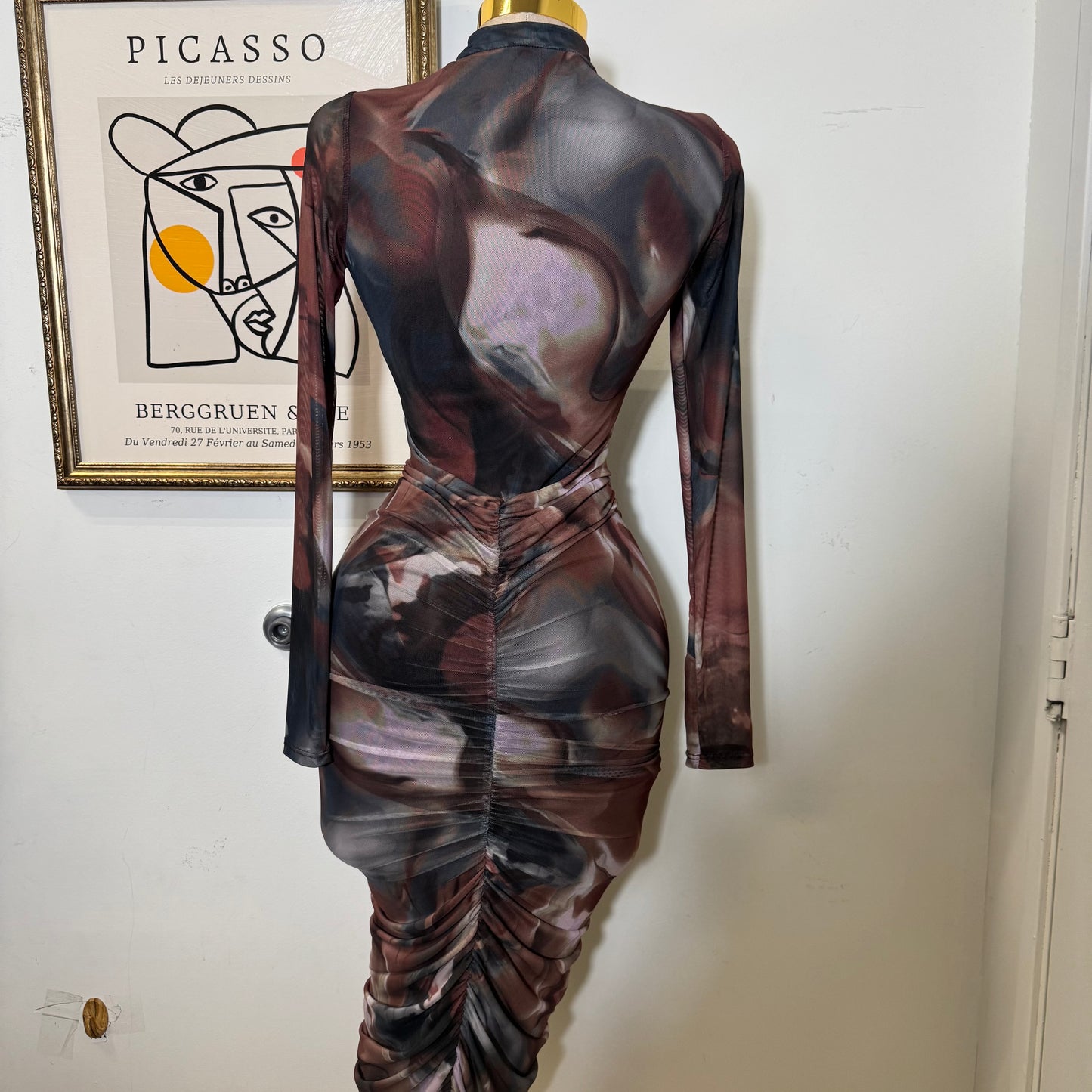 Multi Colored Mock Neck Long Sleeve Maxi Dress-Brown