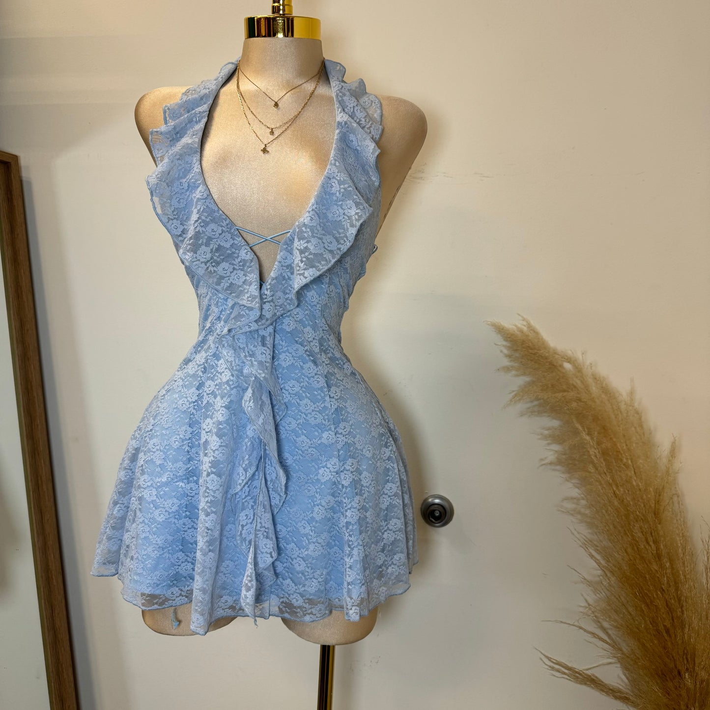 Amy Lace Halter Dress-Baby Blue