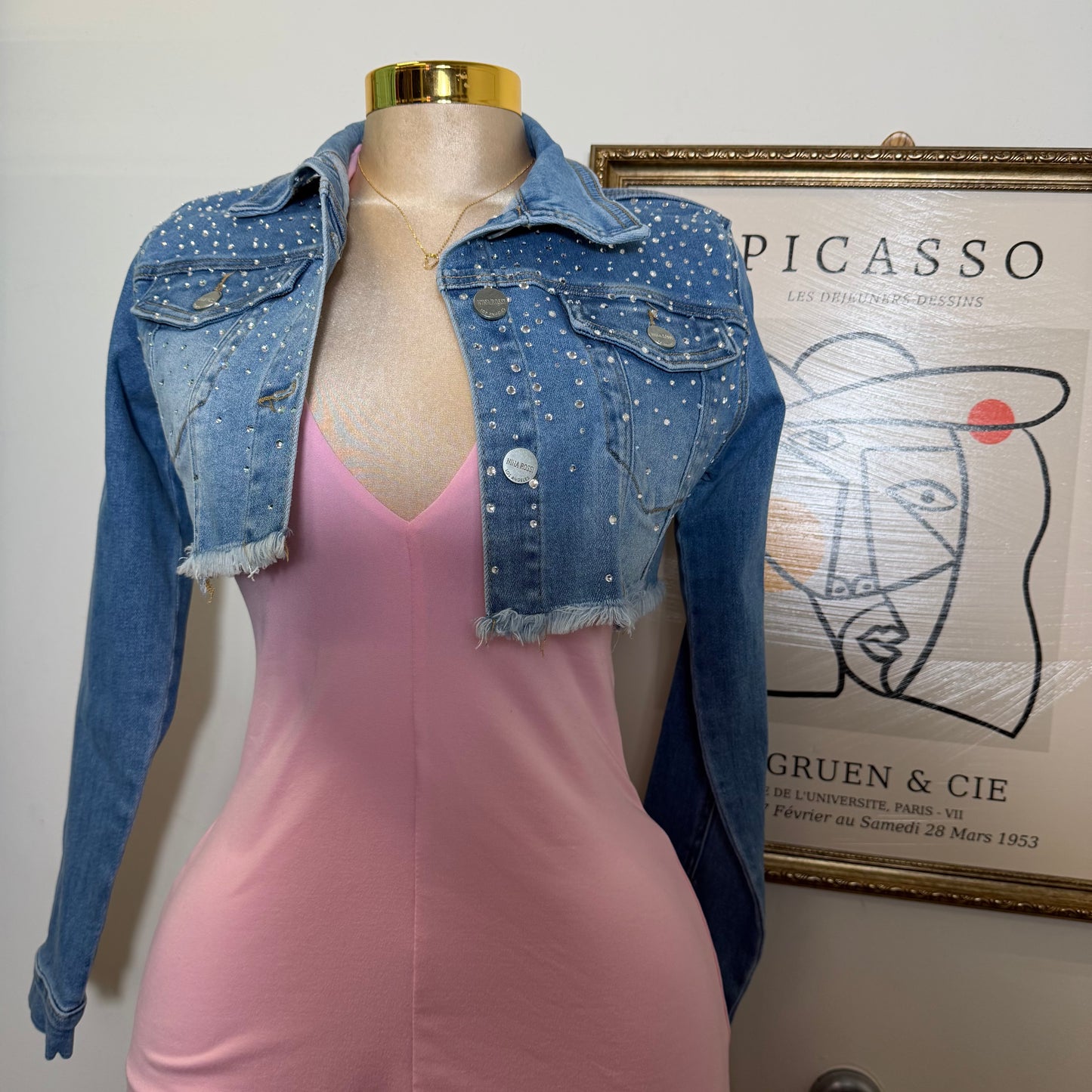 Cropped Denim Rhinestone-Blue