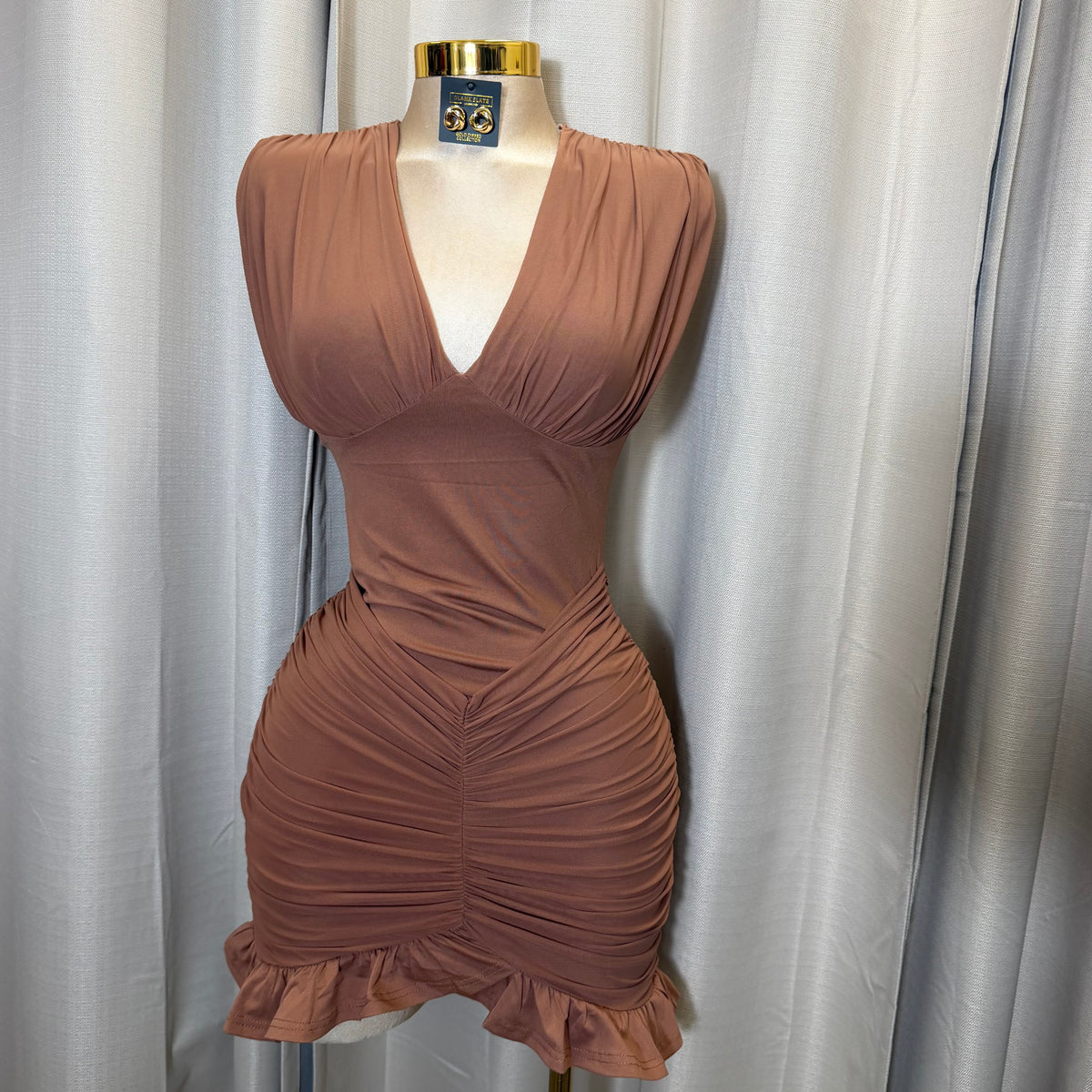 V-Neck Ruffle Mini Dress-Brown