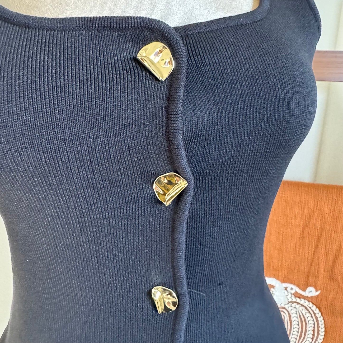 Tank Knitted Top with gold buttons-Black