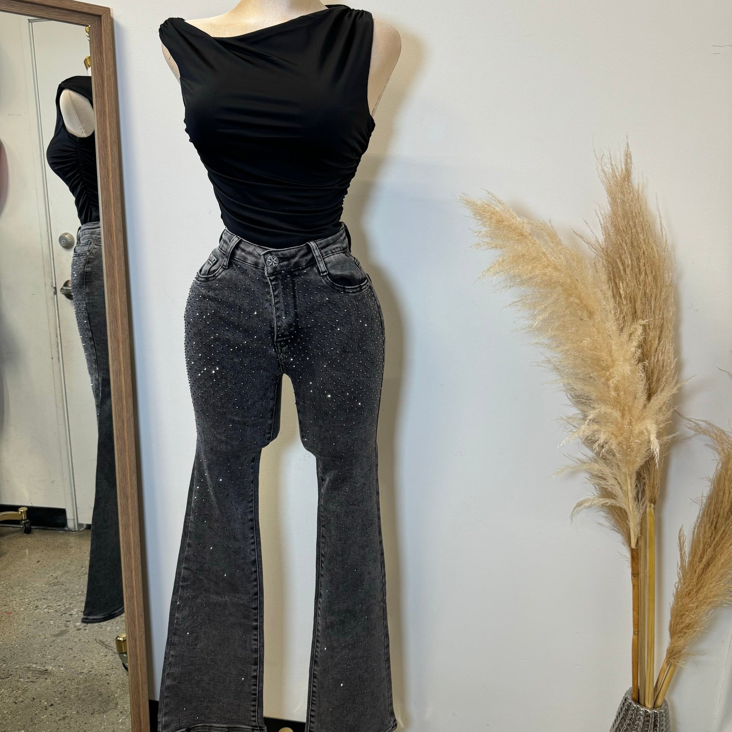 Rhinestone Flare Jeans- Grey