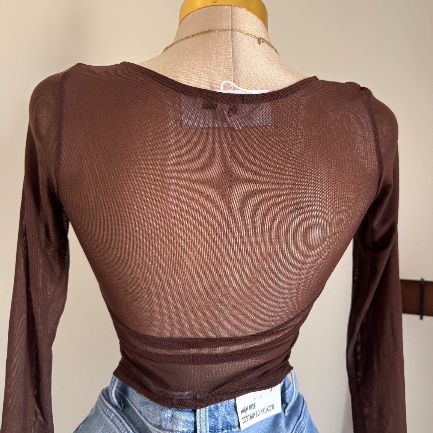 Mesh Long Sleeve Top-Chocolate