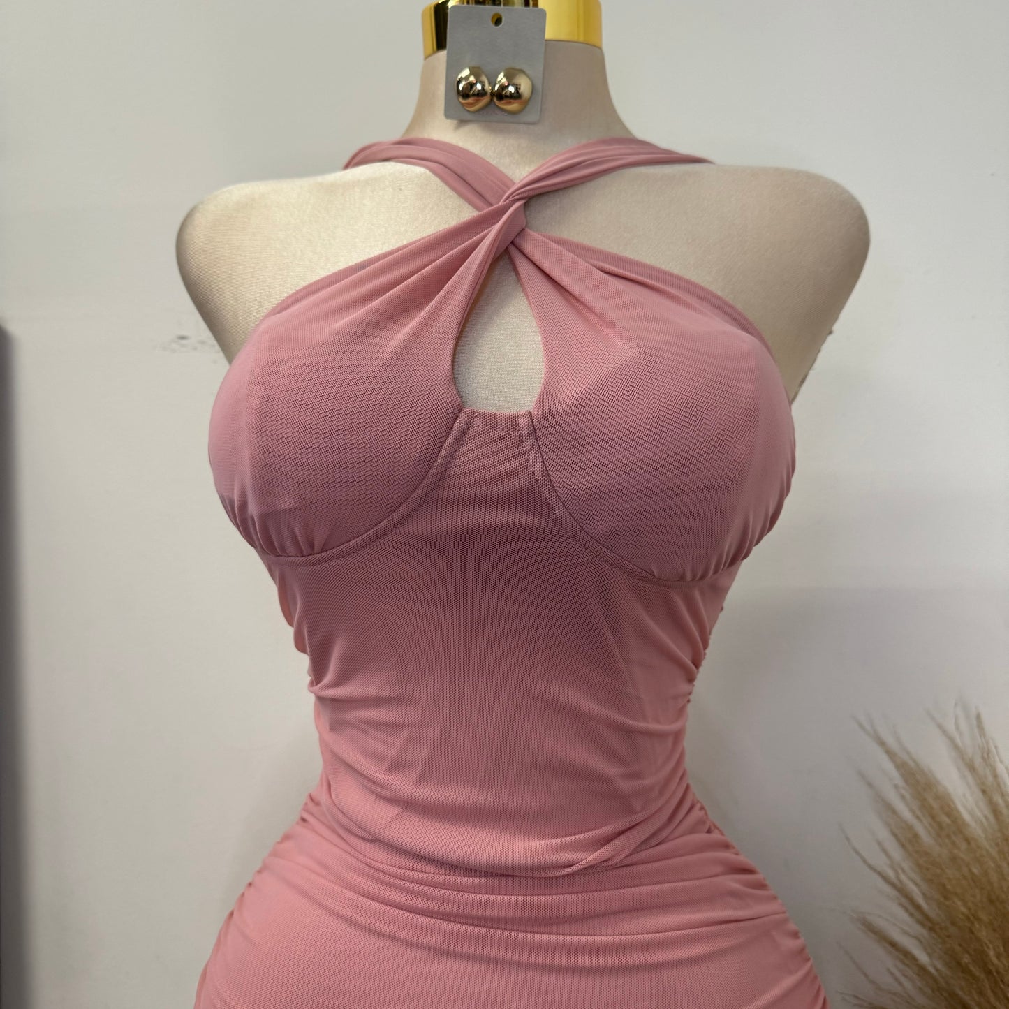 Inara Mesh Twist Halter Neck Midi Dress-Mauve