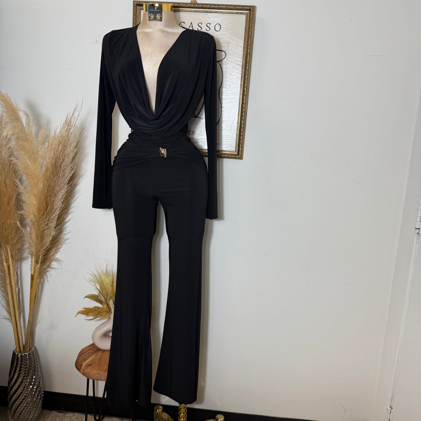 Long Sleeve Crop Top Pant Set-Black