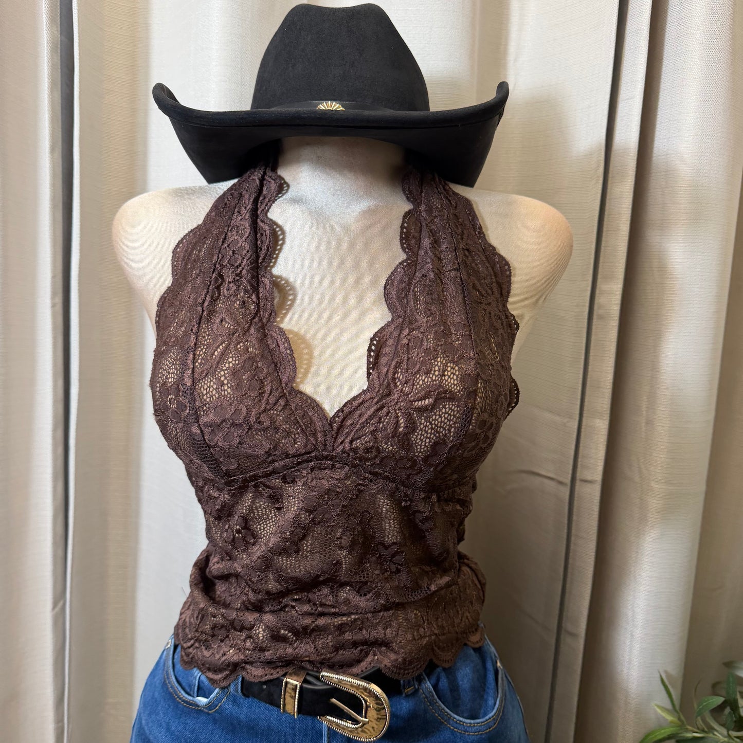 Floral Lace scalloped halter Top-brown