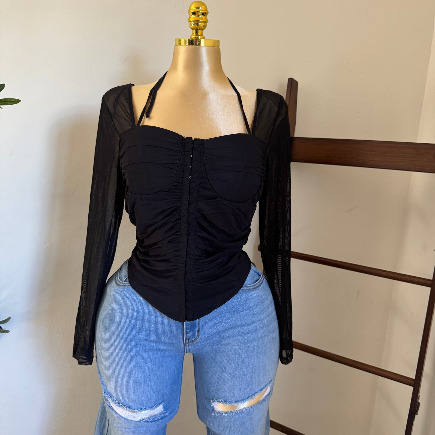 Long Sleeve Corset Top-Black