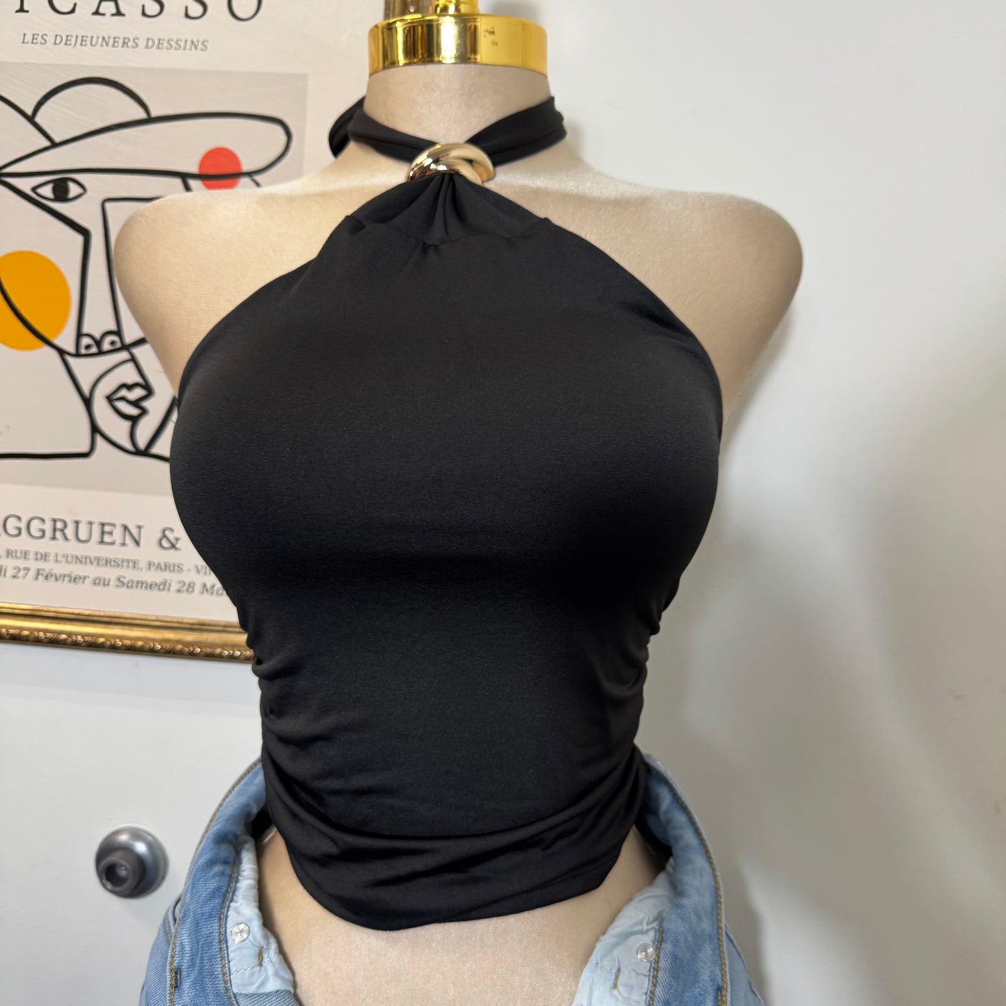 Halter Top w/ Trim Butter Jersey Fabric Gold Detail -Black
