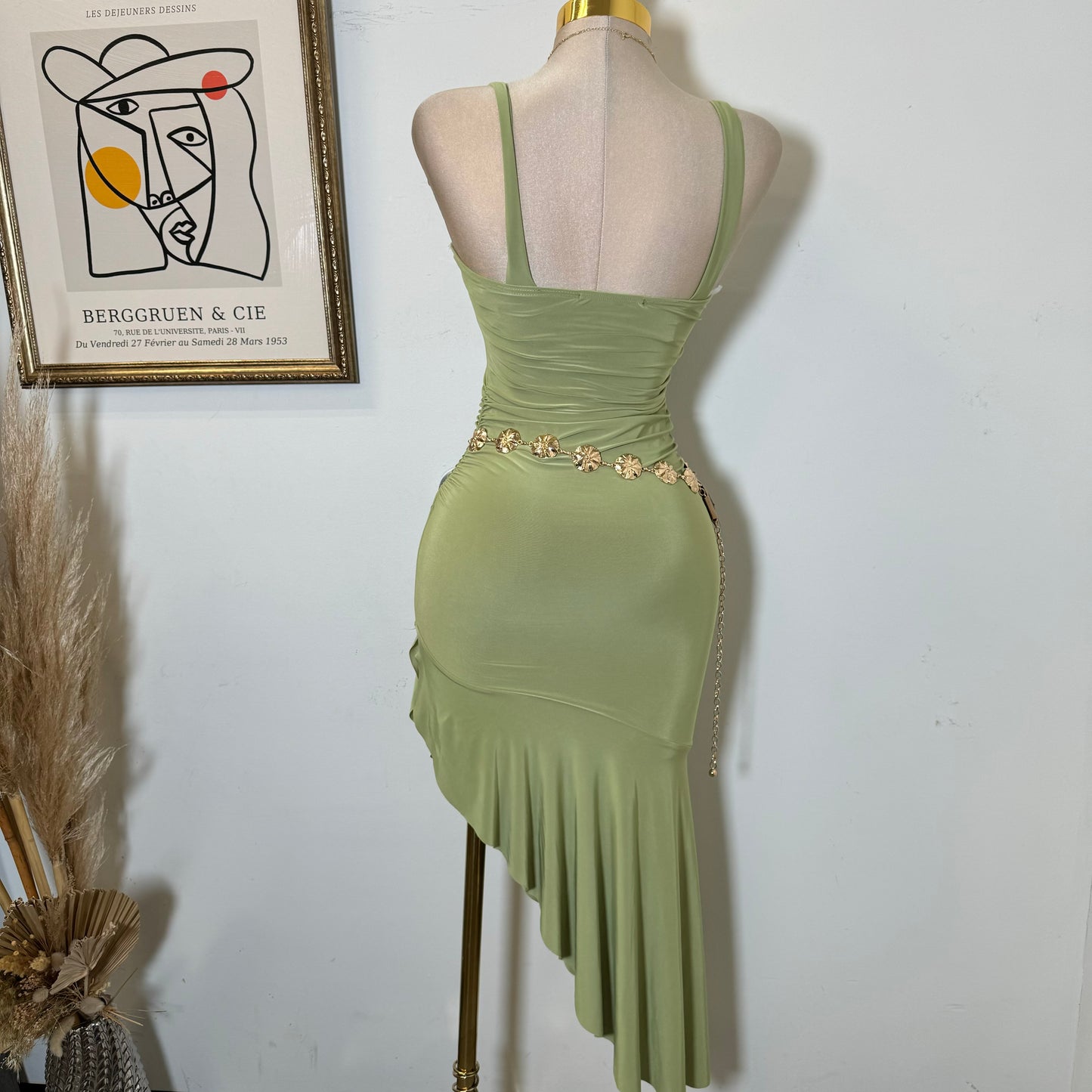 Silky Ruffle Open Slit Dress-Green