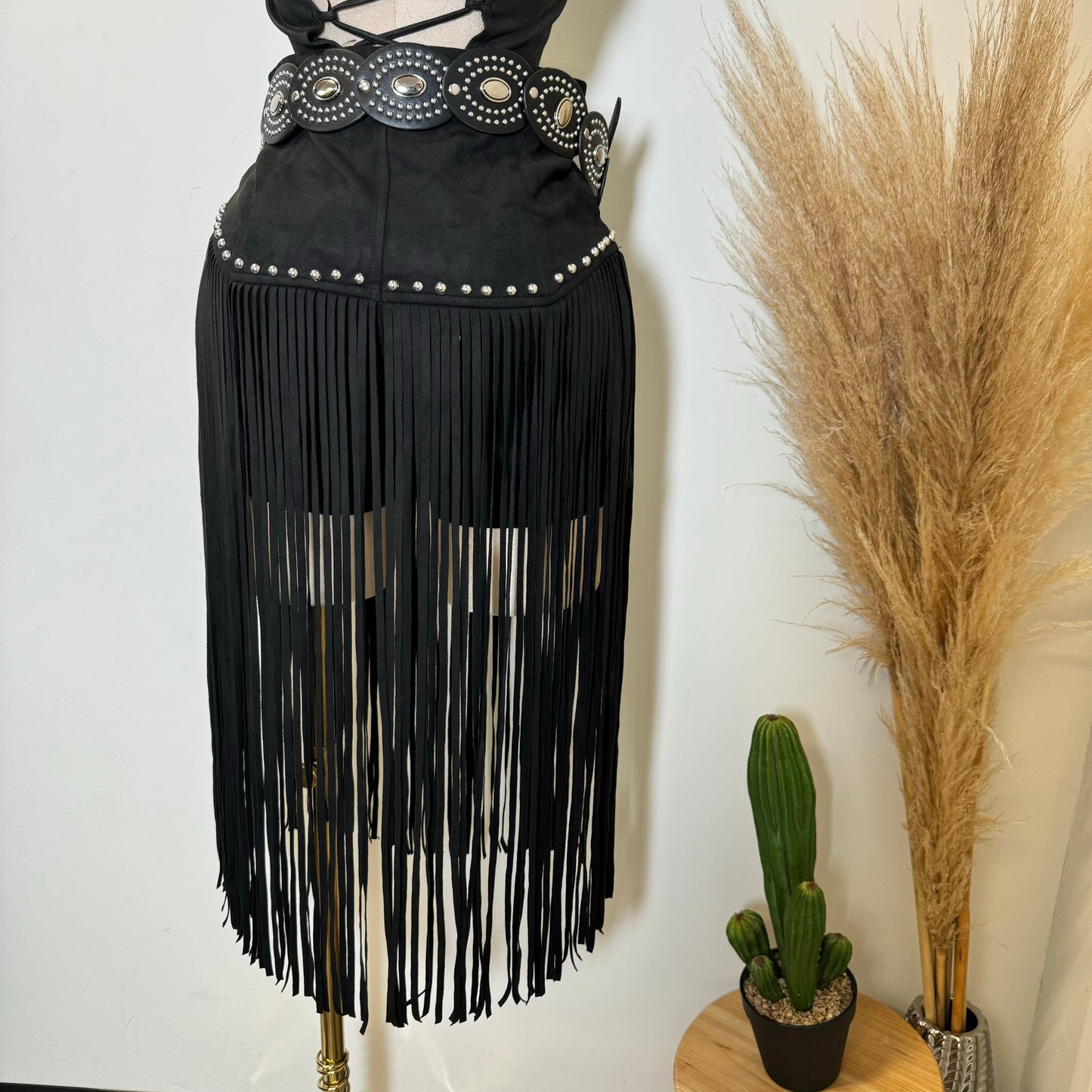 Fringe Stud Suede Shorts-Black