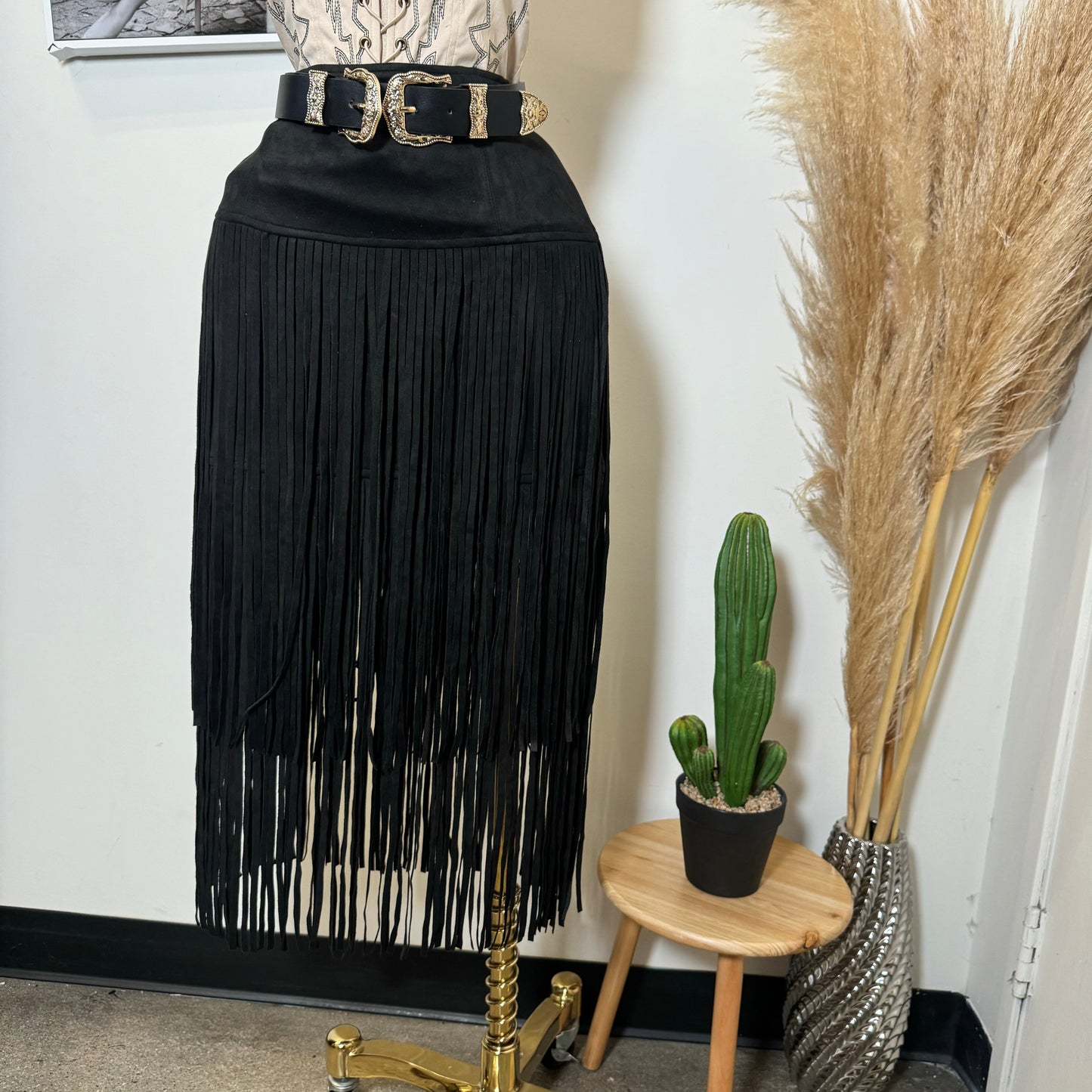 Tiered Fringe Midi Skirt Faux Suede-Black