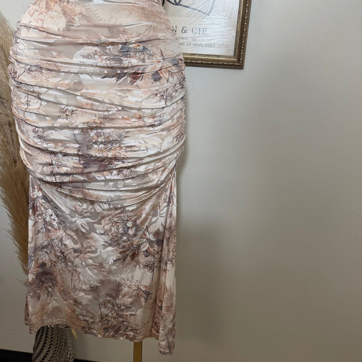 Metallic Printed Mesh halter Ruched Midi Dress-Taupe multi