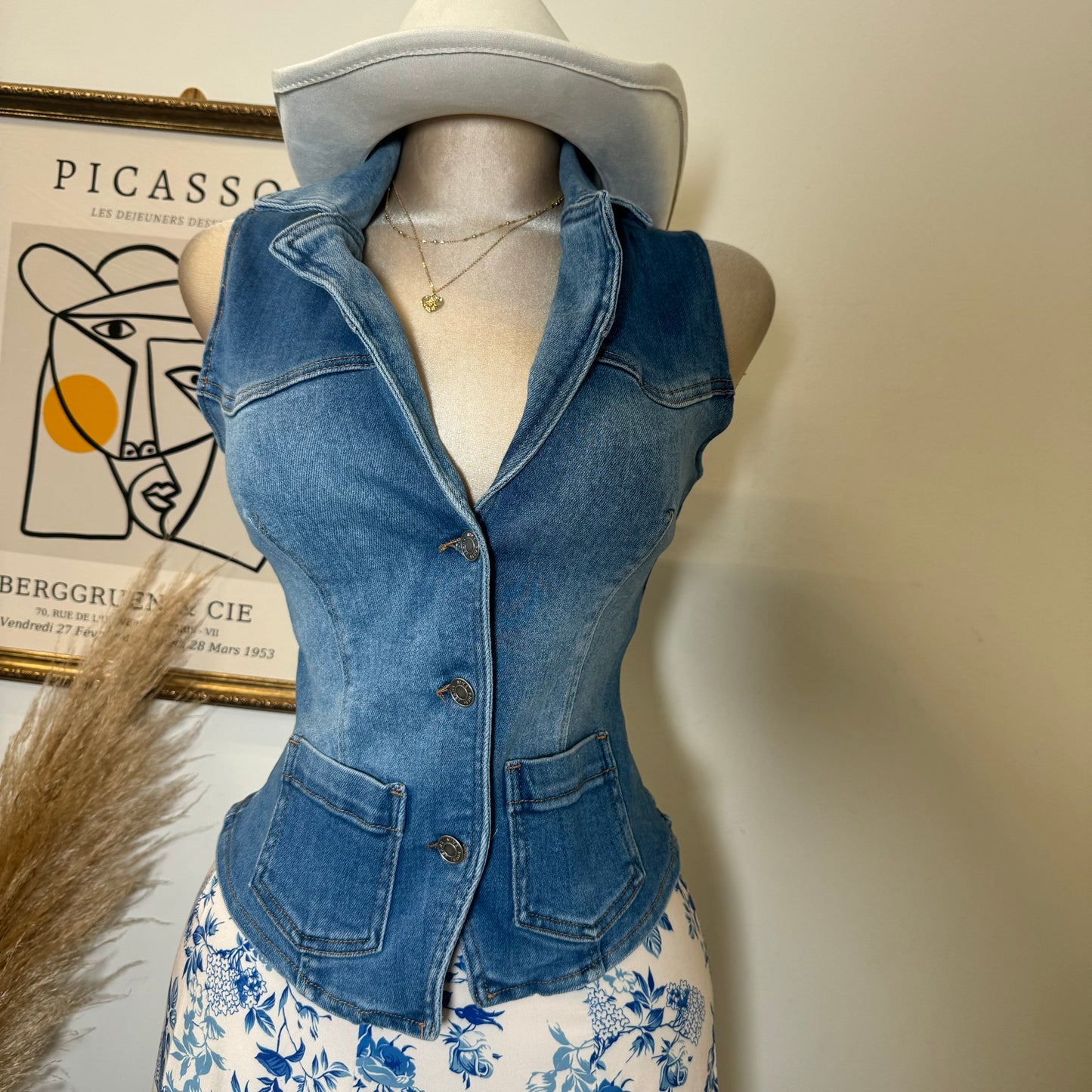Collar Denim Vest-Blue