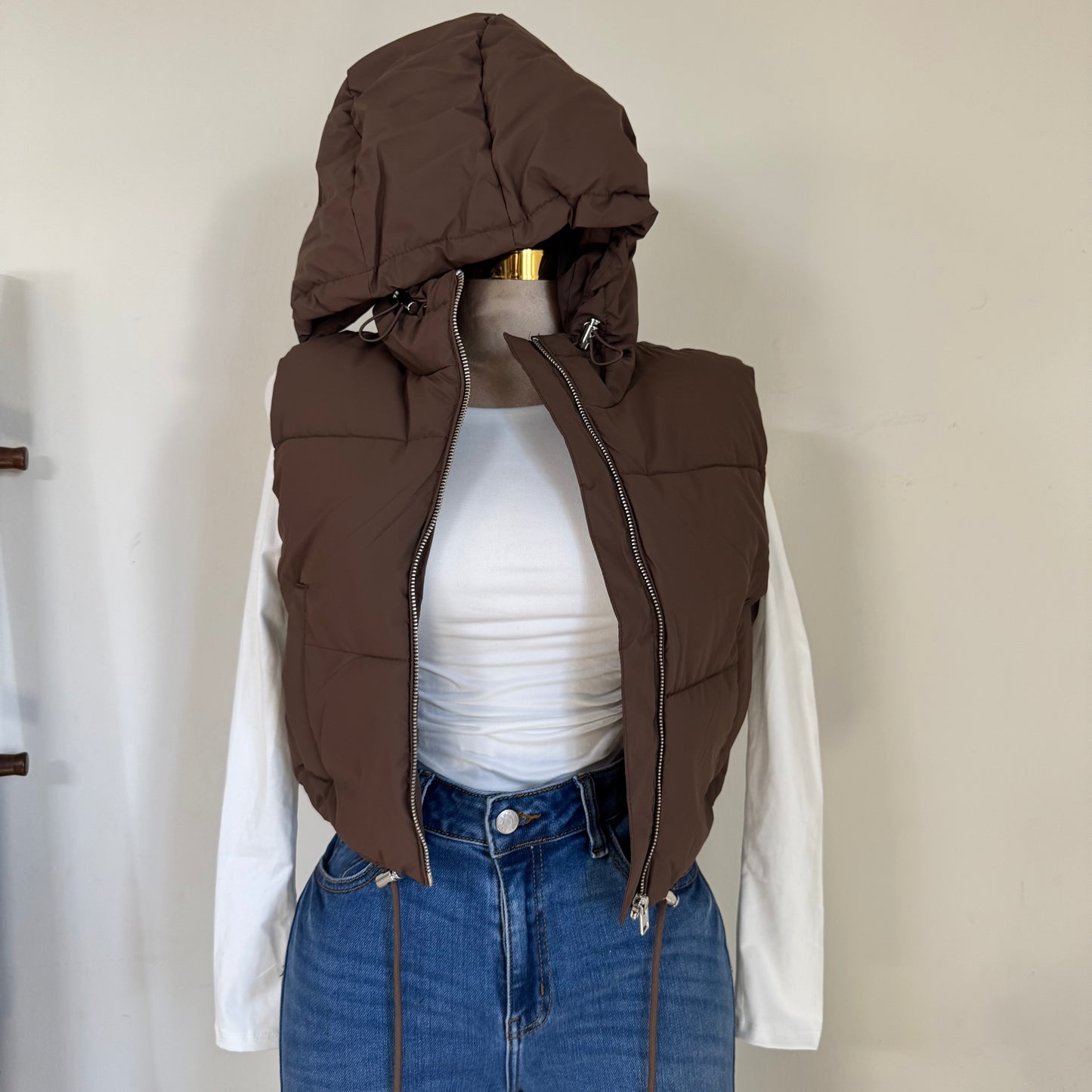 Cropped Puffer Vest W/ Adjustable Drawstrings- Espresso