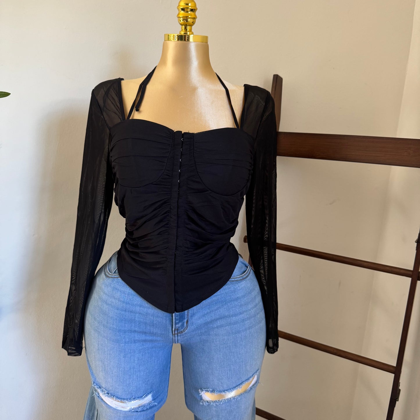 Long Sleeve Corset Top-Black