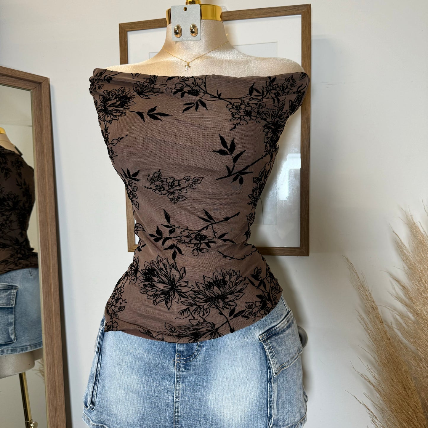 Elina Flocked Mesh Off Shoulder Top-Mocha