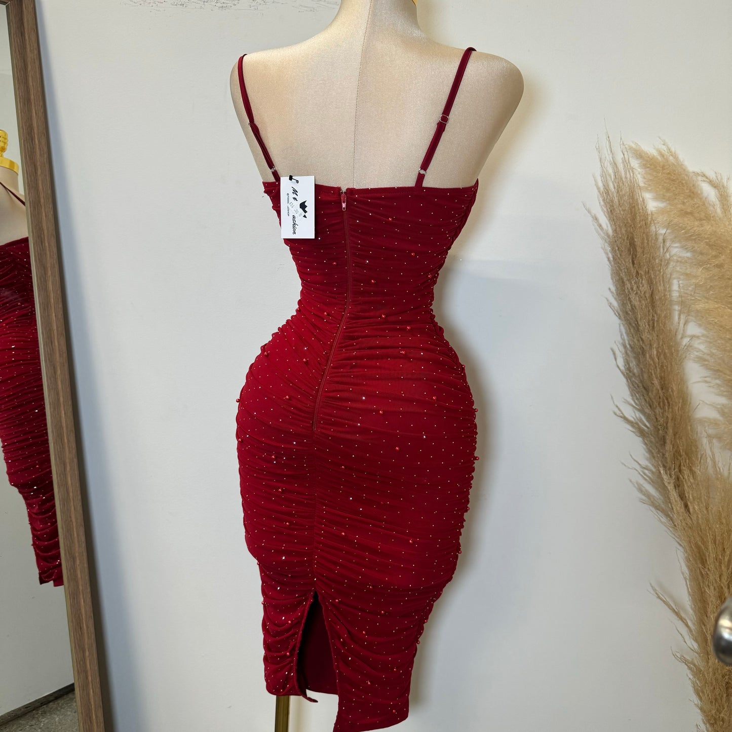 Capri Rhinestone Midi Dress-Red