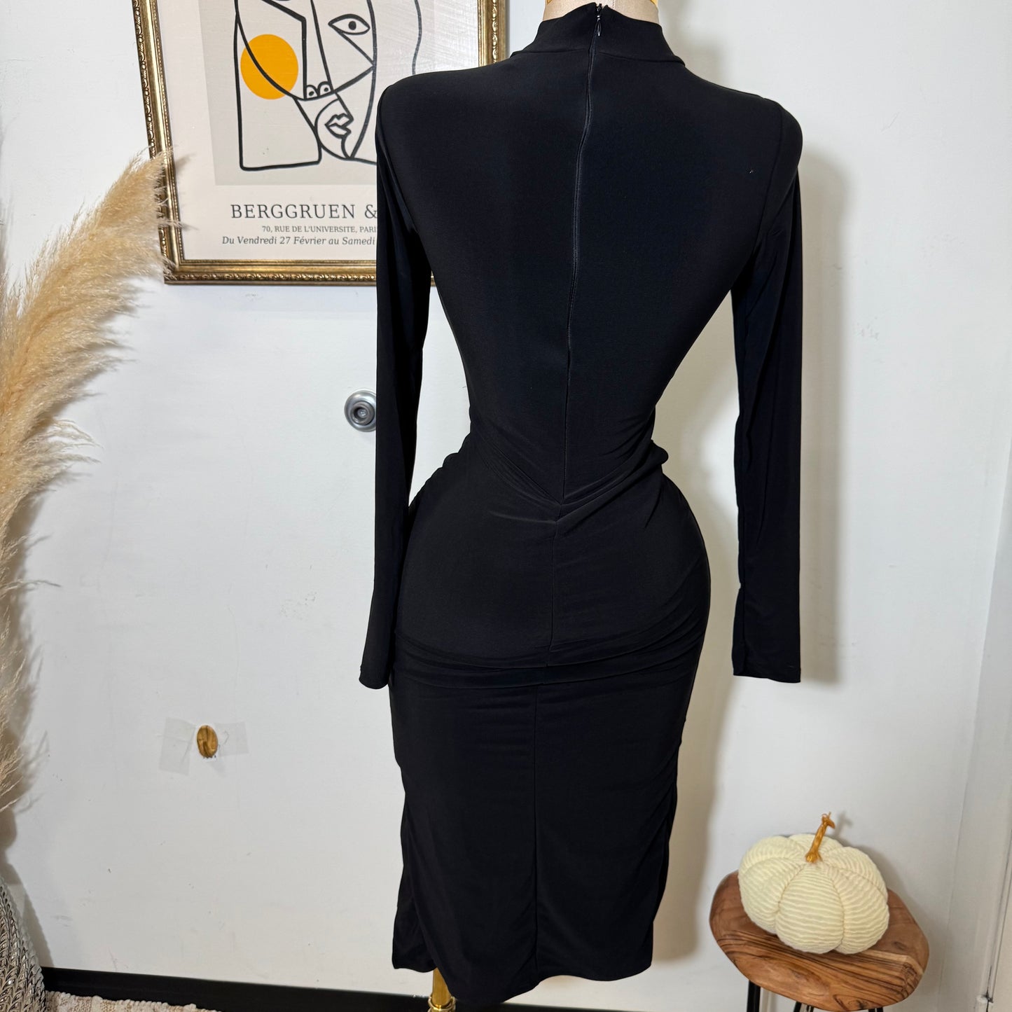 Mock Neck Ruffle Midi Dress-Black